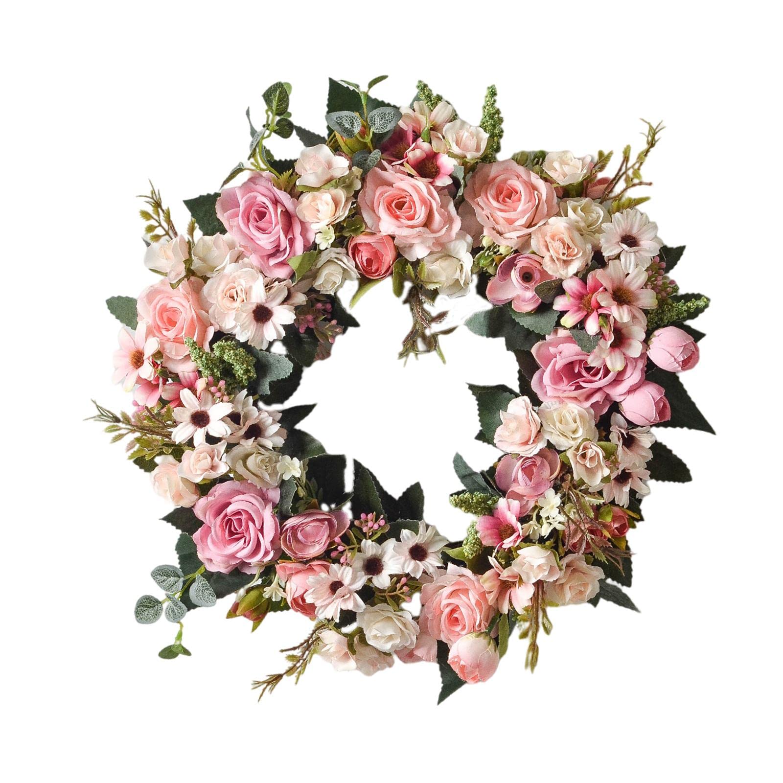 16 Inch Artificial Rose Flower Wreath - Fake Rose Spring Garland for Front Door, Wall Decor, Wedding, Home Decoration | Perfect for Seasonal Door Hangers, Spring Party Decorations & Farmhouse Style Home Accents