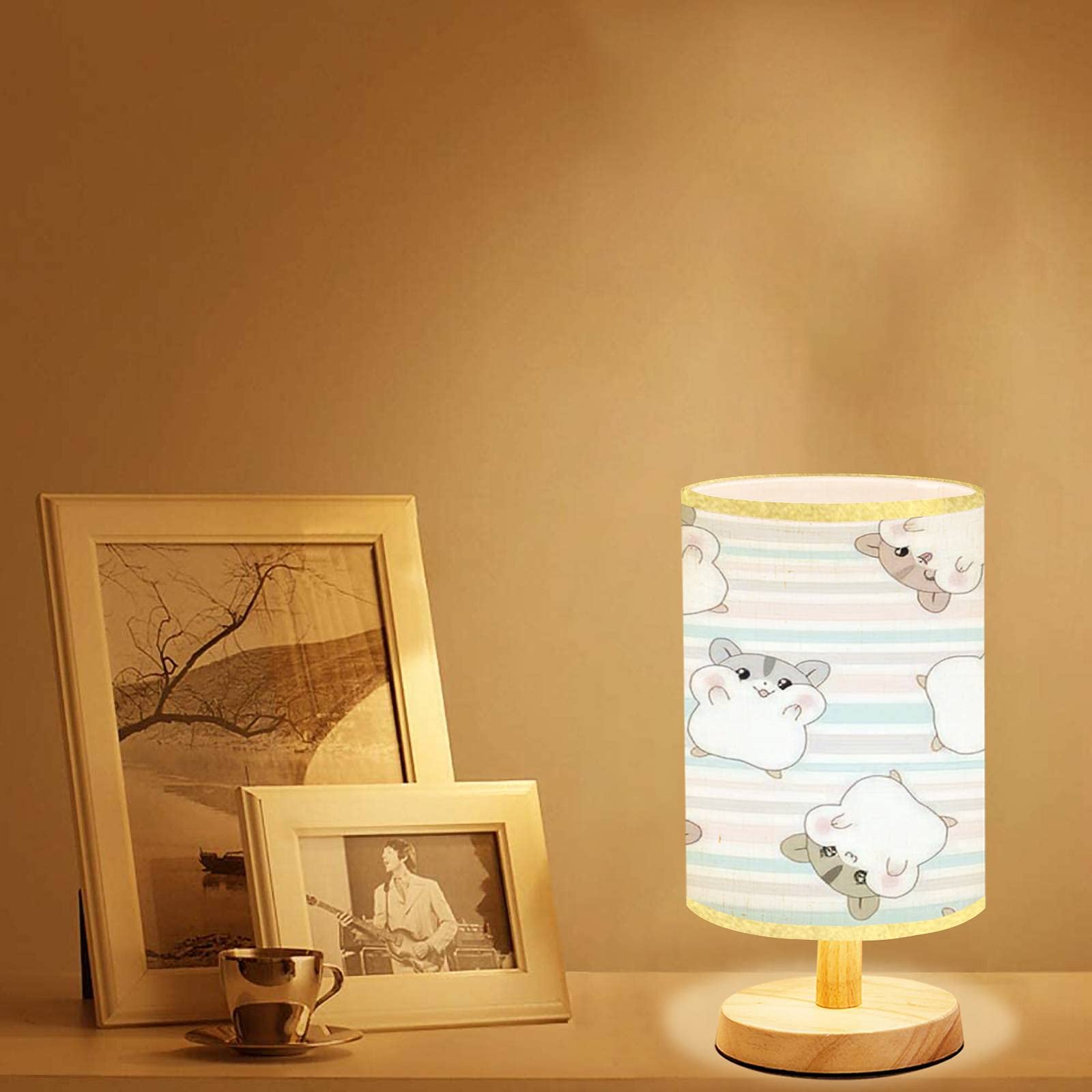 Cute Hamster Seamless Pattern Bedside Table Lamp - Minimalist Wooden Nightstand Light with Flaxen Fabric Shade for Bedroom, Living Room & Nursery - Perfect for Reading, Breastfeeding & Cozy Ambience