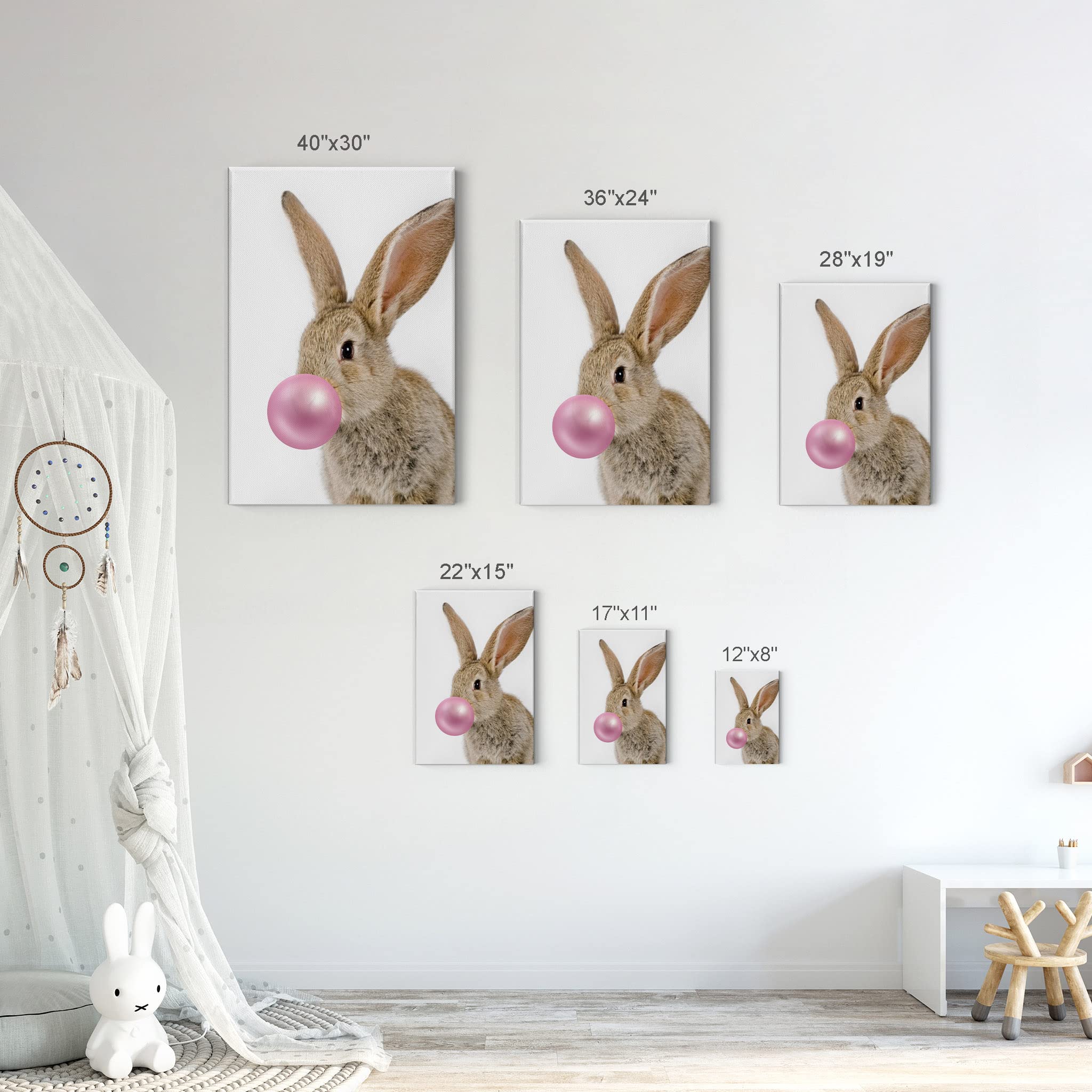 Smile Art Design Bunny Rabbit Canvas Print - Pink Bubble Gum Art Wall Decor for Kids Nursery, Stretched & Ready to Hang (36x24) | Made in USA | Perfect for Baby Rooms, Playrooms & Birthday Gifts