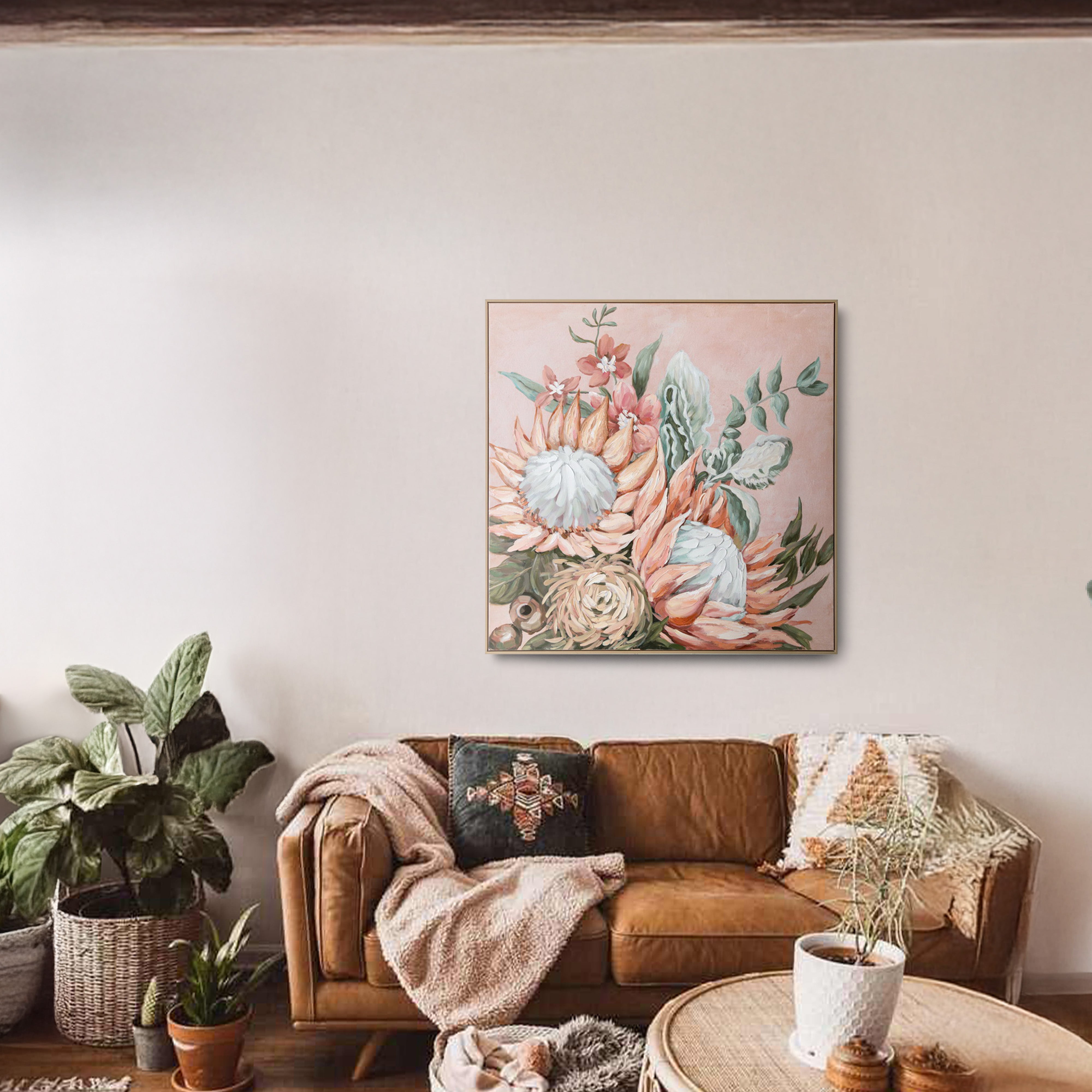 Urban Style Brushmarks Embellished Canvas Protea Pink Wall Art - Perfect for Living Room, Bedroom & Office Decor