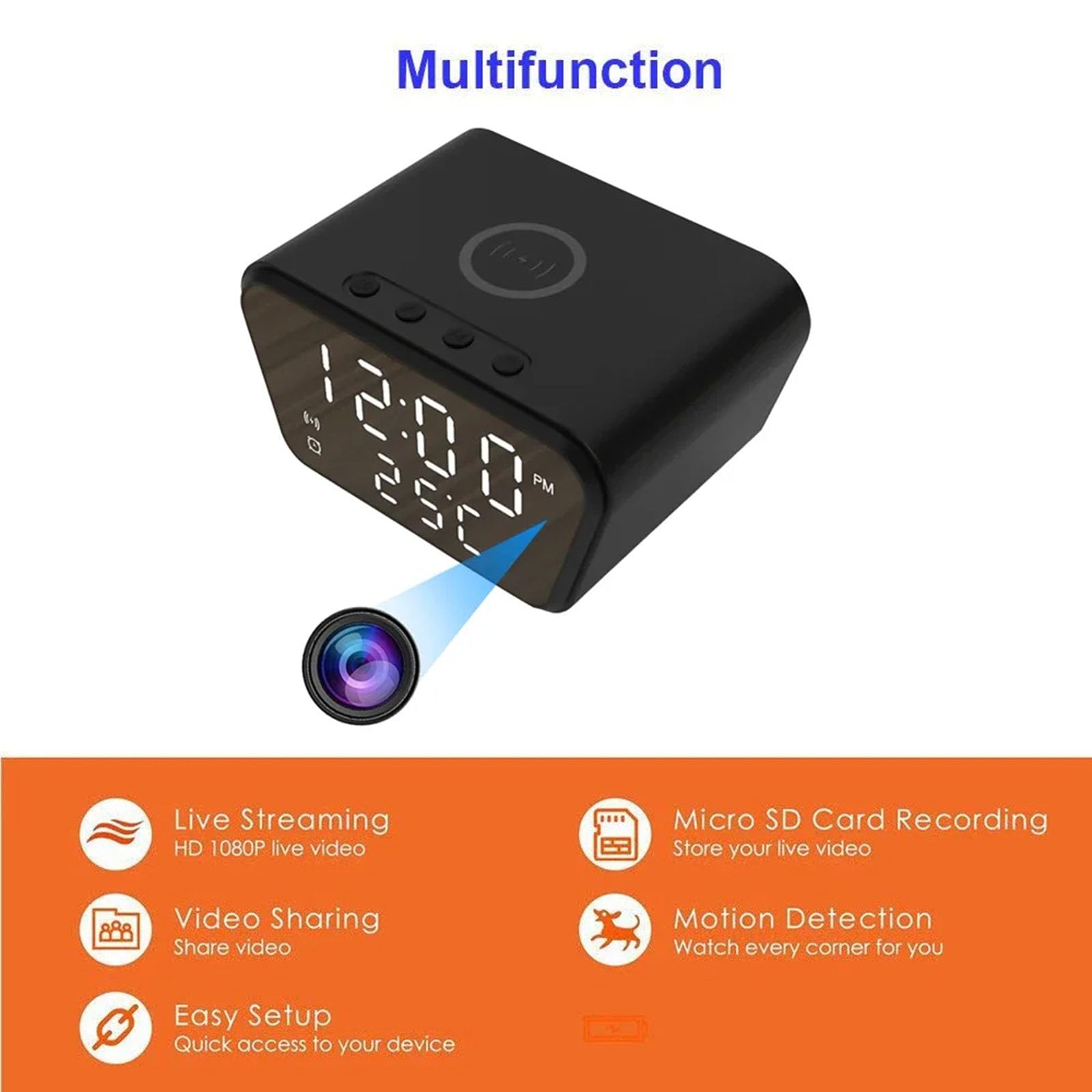 FKINGLRK 1080P Hidden Camera Clock - Wireless Charging, Digital Alarm, Temperature Monitor & Auto Loop Recording - Perfect for Home Security, Office Monitoring & Travel Safety