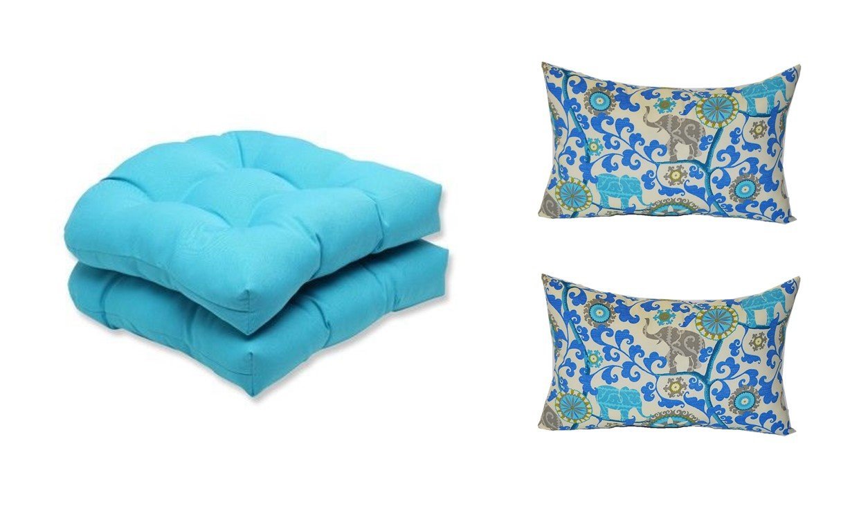 2-Pack Cancun Blue Tufted U-Shaped Cushions for Wicker Chairs - Indoor/Outdoor Use + 2 Free Bohemian Elephant Lumbar Pillows in Sapphire Blue, Turquoise, Green & Gray | Perfect for Patio, Garden, Poolside & Boho Home Decor