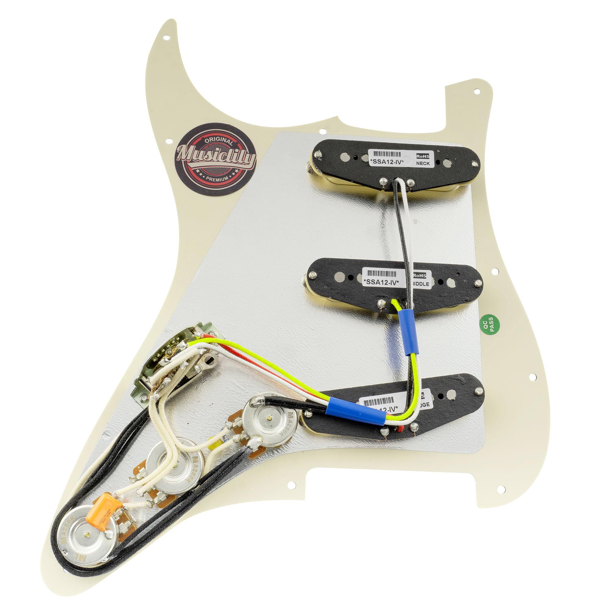 Musiclily Pro Pre-wired SSS Pickguard with Artec Alnico 5 Single Coil Pickups for ST Style Electric Guitar - 4-Ply Aged White Pearl | Perfect for Blues, Rock & Vintage Tone Upgrades