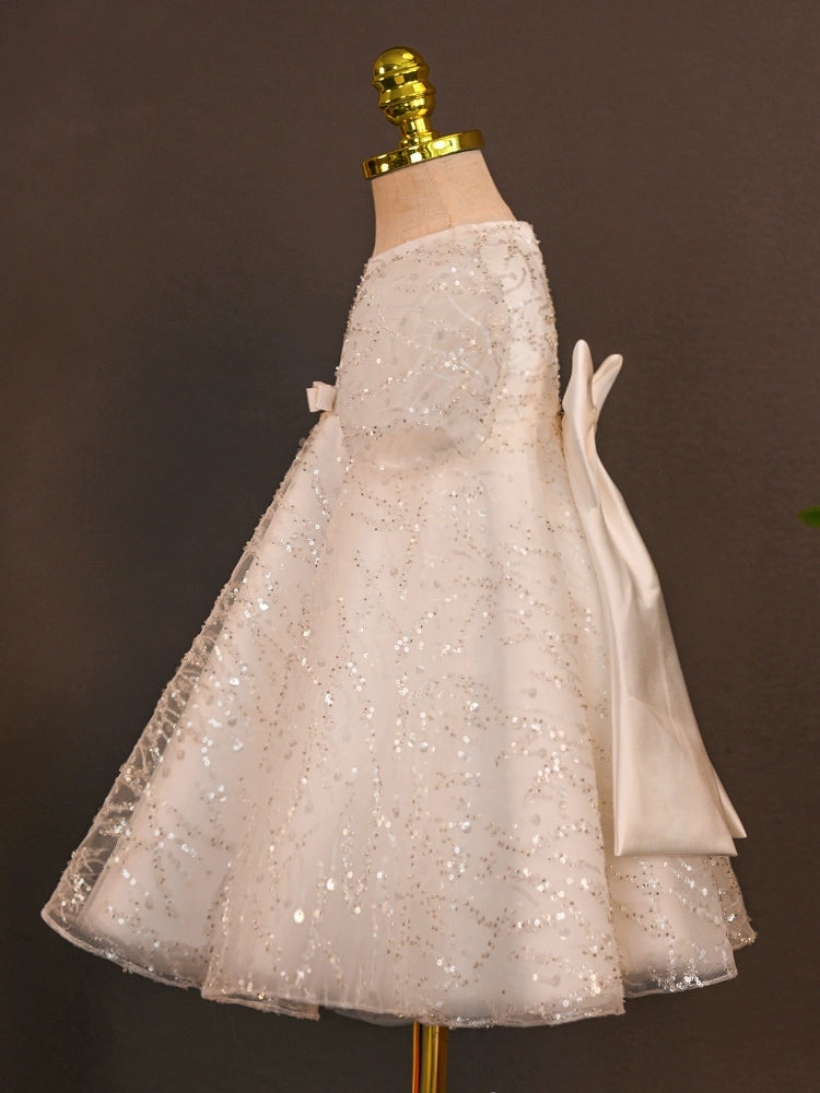 White Princess Round Tea Length Tulle Flower Girl Dress - Perfect for Weddings, Bridal Showers & Special Occasions