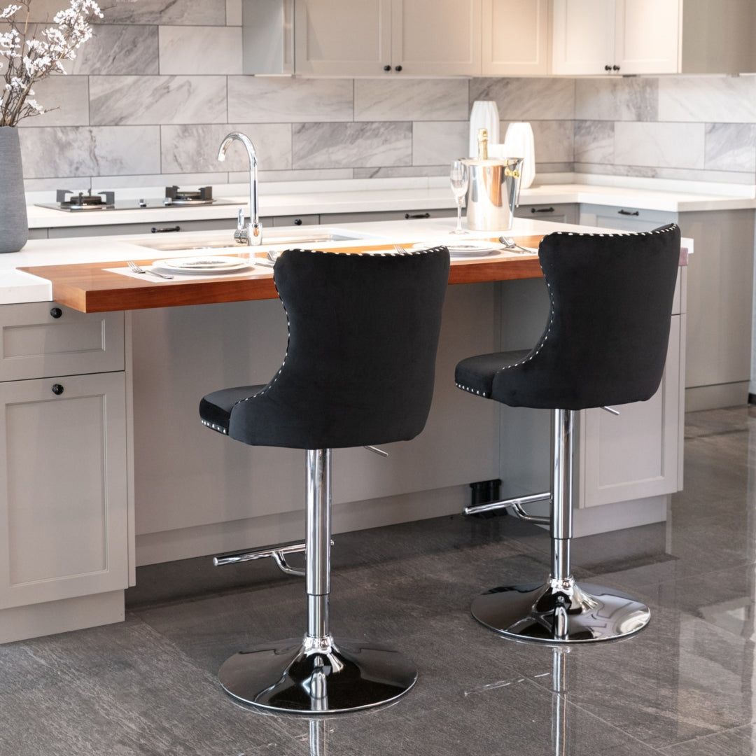 Adjustable Swivel Bar Stools with Footrest - 4 Pack Velvet Upholstered Bar Stools with Chrome Base & Studded Design for Kitchen Island, Home Bar & Dining Room