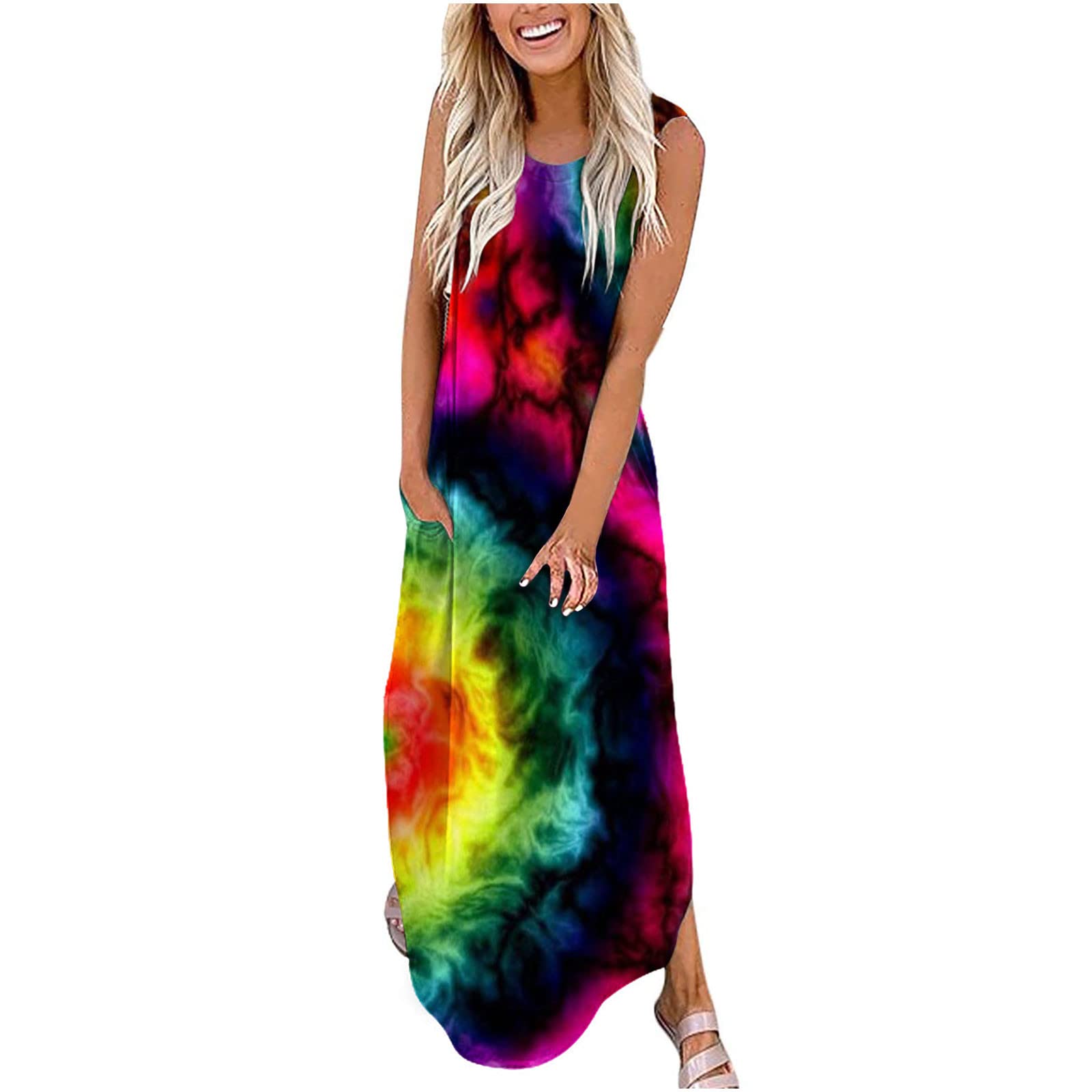 Women's Summer Maxi Sundress - Casual Sleeveless Beach Dress with Side Slit & Pockets, Round Neck Vacation Dress for Plus Size - Perfect for Beach, Pool, and Summer Outings