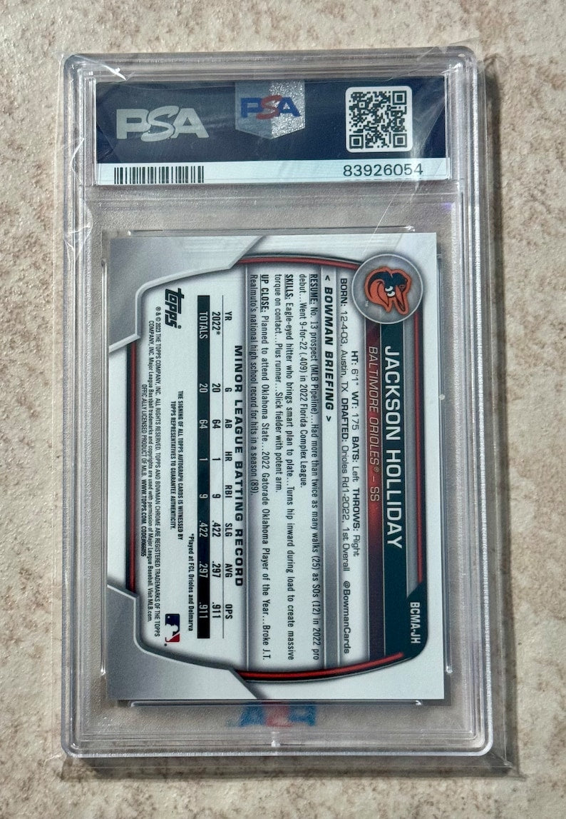 Jackson Holliday 2023 Bowman Chrome Mojo Refractor Auto PSA 10 Gem Mint Baltimore Orioles Rookie Card - Perfect for Baseball Collectors, Investment & Display