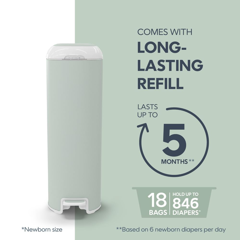 Diaper Genie Platinum Diaper Pail - Stainless Steel Baby Diaper Disposal System with Odor Control, Includes 1 Easy Roll Refill (18 Bags), Sage Green - Perfect for Nursery, Baby Room & Daycare Centers