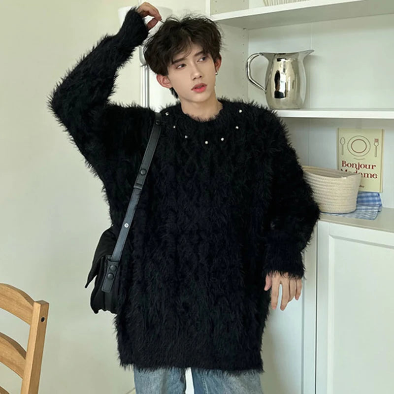 Stylish Korean Round Neck Solid Color Plush Men's Pullover Sweater - Trendy Spring 2025 Fashion (9C4134) | Perfect for Casual Outings, Office Wear & Date Nights