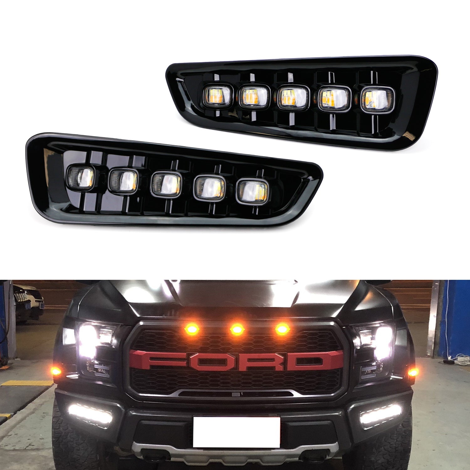 5-Pack White/Amber Switchback LED Daytime Running Lights for 2017-2020 Ford Raptor - DRL Fog Lights for Off-Road & Night Driving