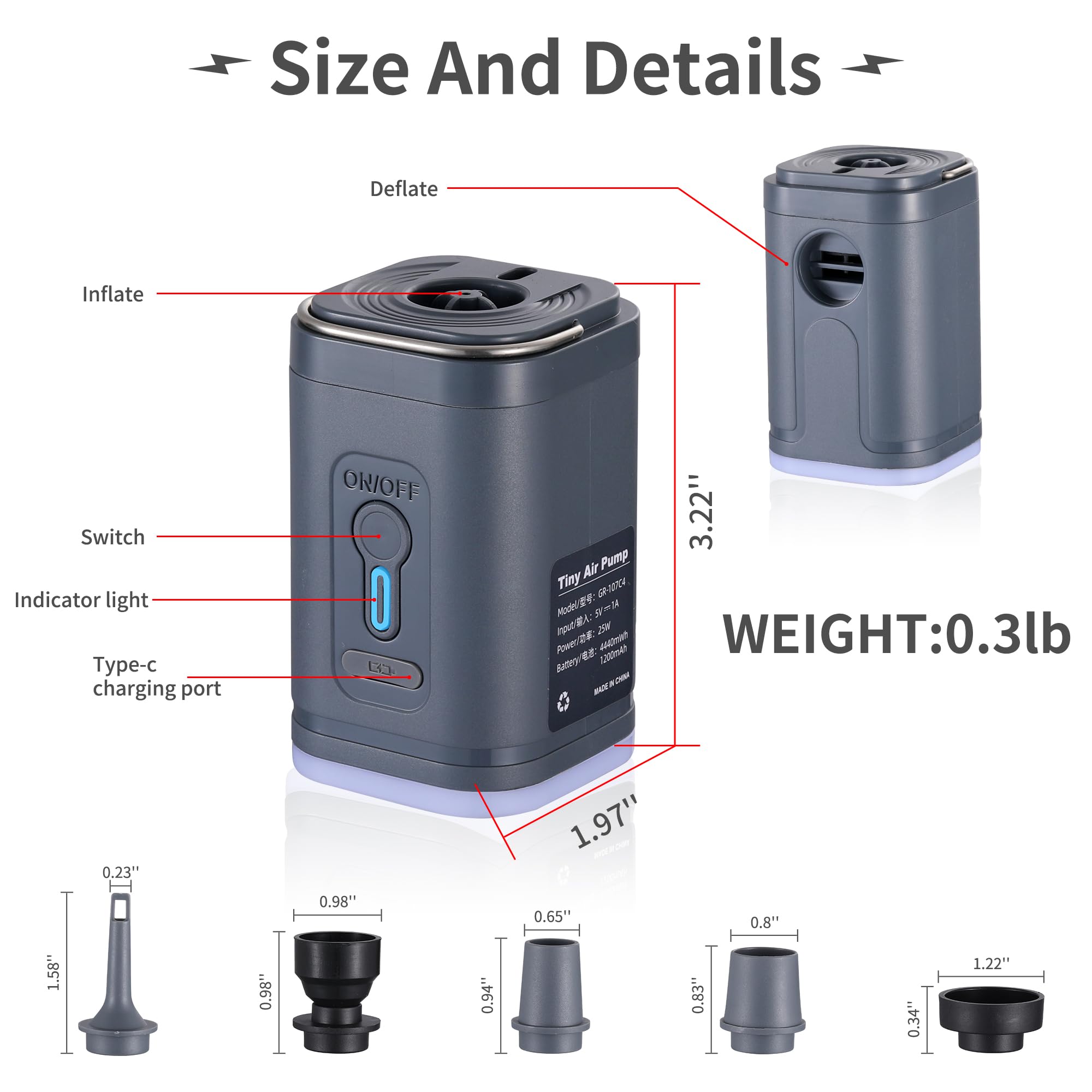 Portable Electric Air Pump for Inflatables - 5 Nozzle Mini Vacuum Pump with 3 LED Camping Lights | Quick Inflation for Air Mattress, Pool Floats, Boat Toys, Yoga Balls, Swim Rings & Storage Bags | Perfect for Camping, Travel, Beach & Home Use