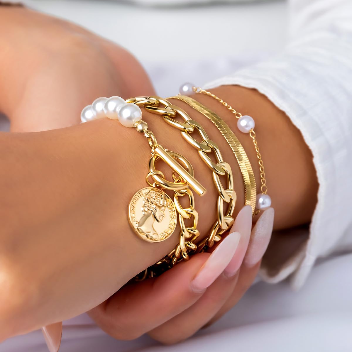 FUTIMELY 14K Gold Plated Snake Pearl CZ Chain Link Bracelet Set for Women - Adjustable Dainty Layered Paperclip Stacked Bracelets - Perfect for Everyday Wear, Gift Giving & Special Occasions