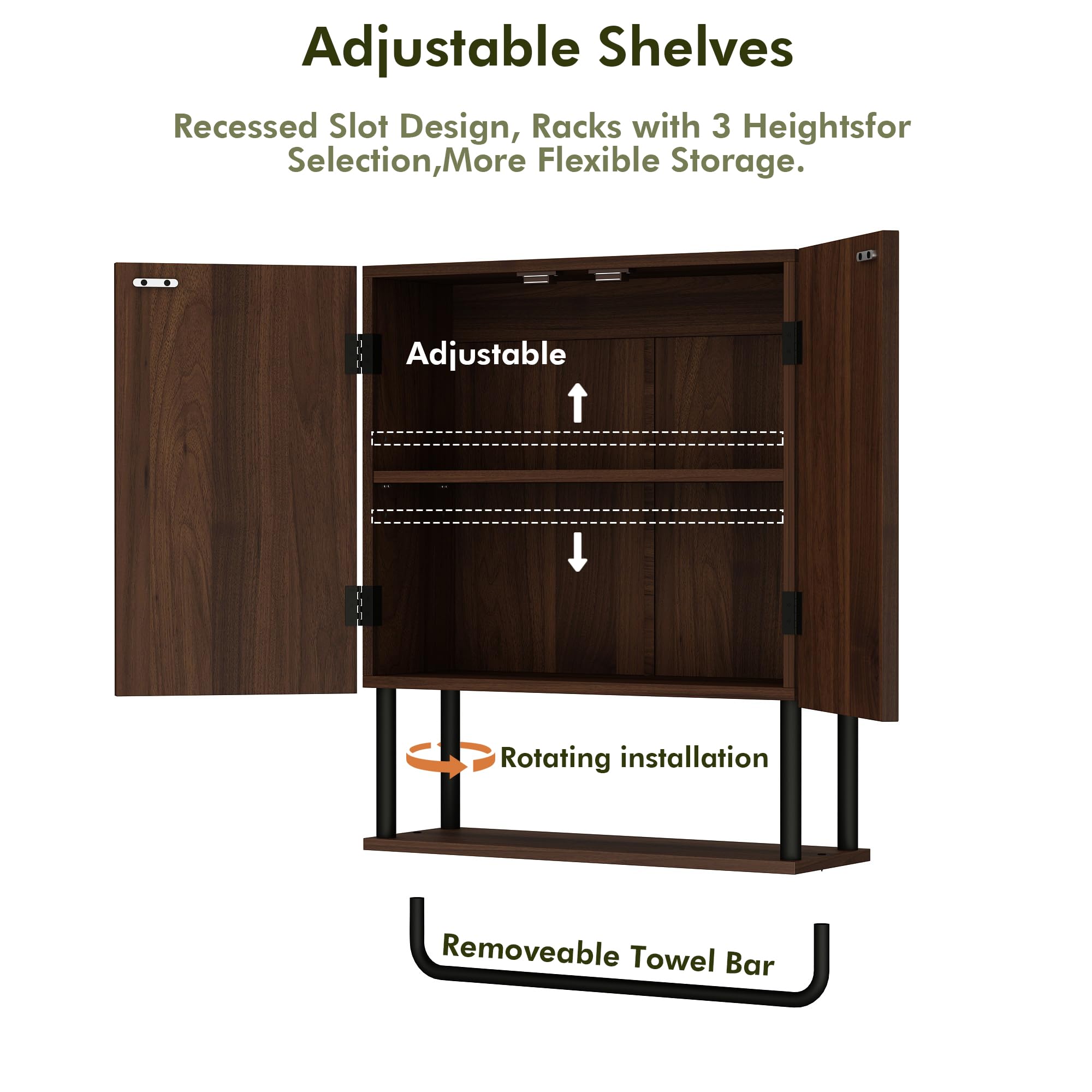 RUSTOWN 2-Door Fluted Bathroom Wall Cabinet with Adjustable Shelf & Towel Bar - 3-Tier Modern Farmhouse Medicine Cabinet for Over The Toilet Storage (Dark Walnut, Medium) - Perfect for Bathroom Organization & Small Space Storage Solutions