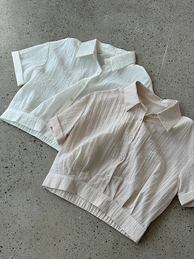 Beige Women's Two-Piece Suit Set - Thin Half Body Skirt & Lapel Short Sleeve Shirt | Spring Summer 2025 Fashion Trend | Office Wear, Casual Outfits, Party Dresses (Style 1DJ1239)