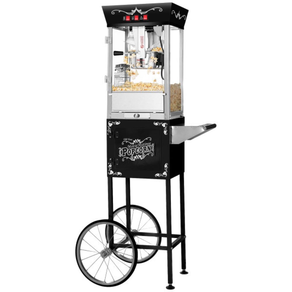 Great Northern Popcorn Matinee 8oz Commercial Popcorn Machine with Cart - Stainless Steel Kettle, Warming Light & Accessories - Perfect for Movie Nights, Parties & Concession Stands (Black)