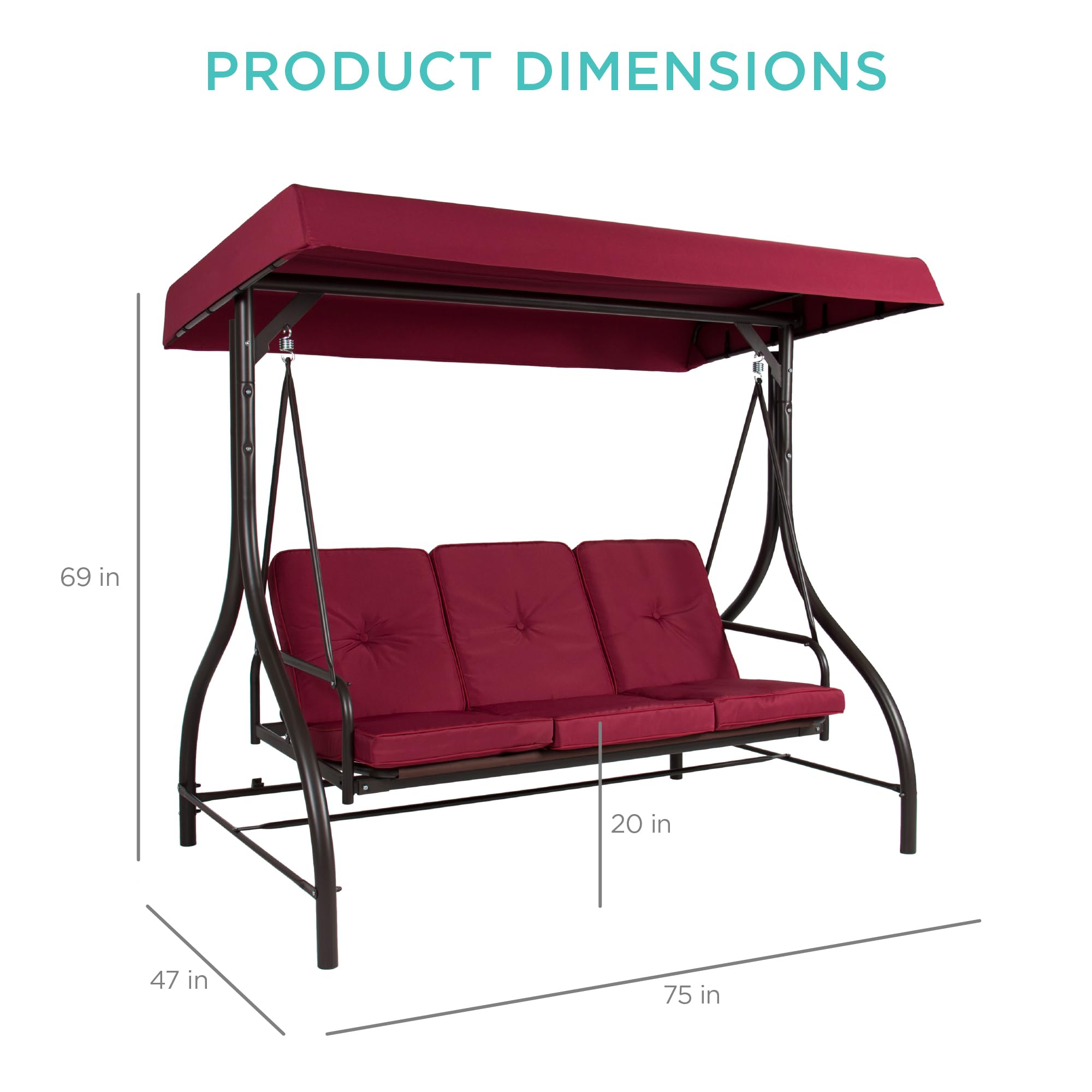 Best Choice Products 3-Seat Outdoor Canopy Swing Glider with Adjustable Shade - Patio Hammock Lounge Chair for Porch, Backyard, Garden w/ Removable Cushions & Flatbed - Burgundy Red - Perfect for Relaxing, Lounging and Outdoor Entertaining