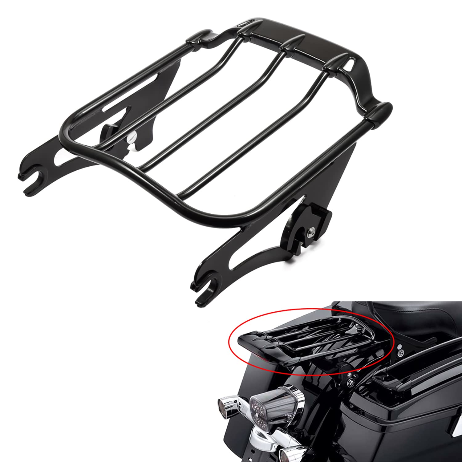 PBYMT Gloss Black Detachable Two-Up Mounting Luggage Rack for Harley Touring Street Glide Road King Electra Glide 2009-2024 (Vivid Black) - Perfect for Long Rides, Road Trips & Motorcycle Touring Accessories