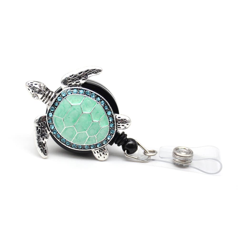 Aquamarine Enamel Sea Turtle Retractable ID Badge Reel with Name Card Holder - Nurse Lanyard for Hospital, Office & School Use