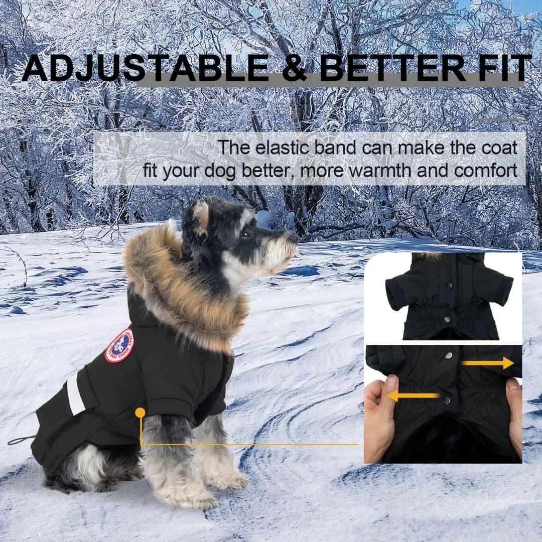 Waterproof & Windproof Dog Jacket for Small Dogs - Winter Coat with Reflective Strips & Faux Fur Hood - Warm Flannel-Lined Snow Coat with Pocket - Ideal for Cold Weather Walks, Outdoor Adventures & Nighttime Safety