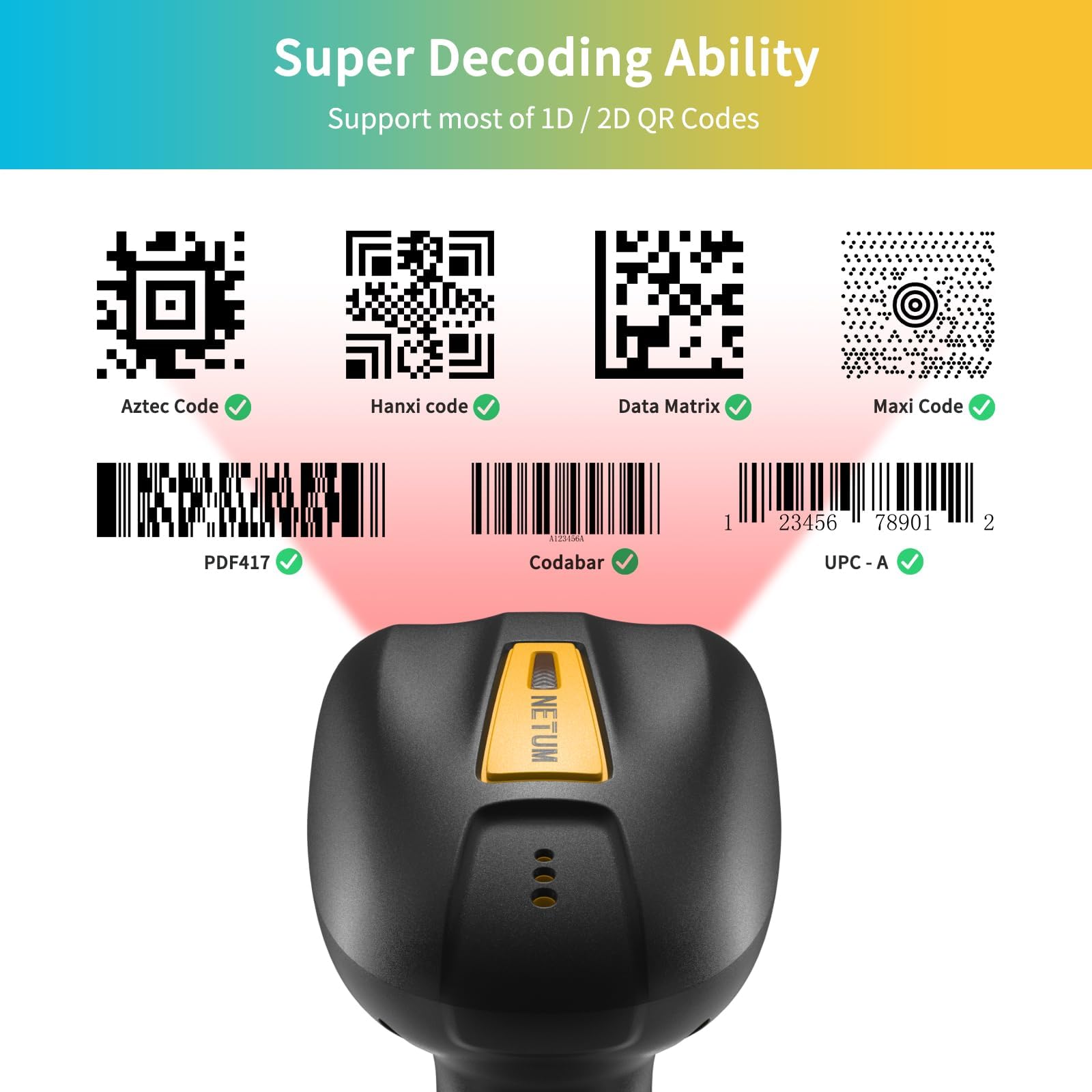 NETUM Upgraded QR Industrial Bluetooth Barcode Scanner - Wireless 2D/1D Barcode Reader with 2600mAh Battery, Charging Dock, Drop & Dust Proof - Compatible with Windows, Mac, Android, iOS (NT-1200) - Ideal for Retail, Warehouse, Inventory Management & Logistics