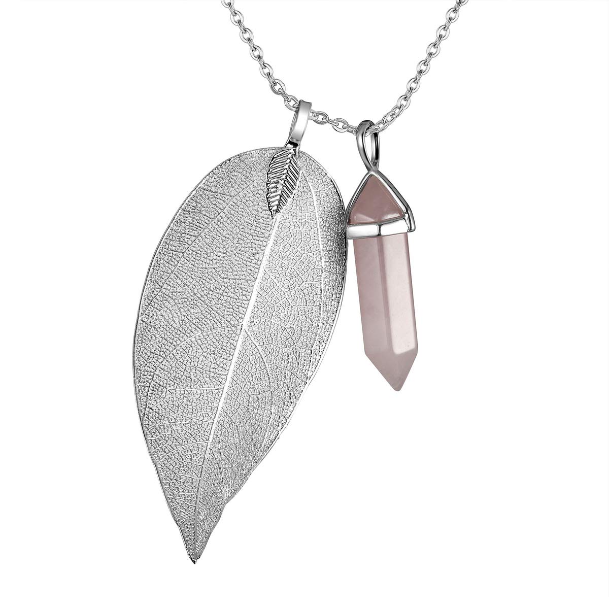 Rose Quartz Necklace for Women - Healing Crystal Pendant with Silver Plated Chain, Pointed Leaf Design | Spiritual Jewelry, Meditation Accessory, Energy Stone Gift
