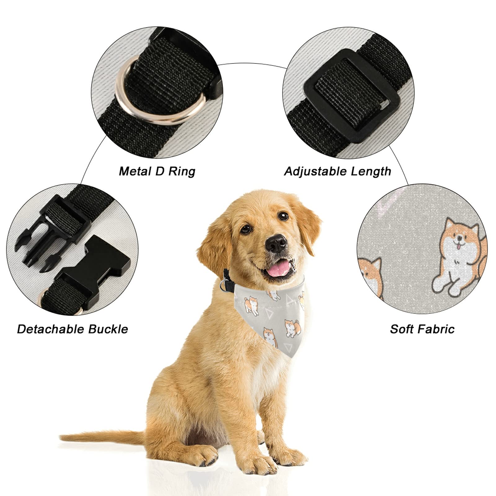 Cute Cartoon Shiba Inu Dog Pattern Adjustable Martingale Collar for Small & Medium Dogs - Geometric Triangle Design with Warm Grey Base - Includes Saliva Bib & Bandana Scarf - Perfect for Daily Walks, Training & Pet Fashion