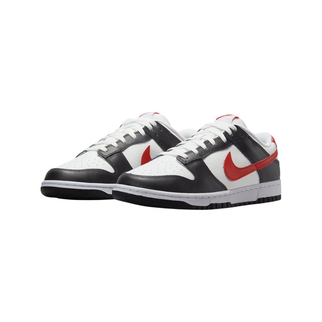 Nike Dunk Low Retro Men's Sneakers - Black & White Panda Colorway with Red Swoosh | Casual Streetwear Shoes for Everyday Wear & Sneaker Collection