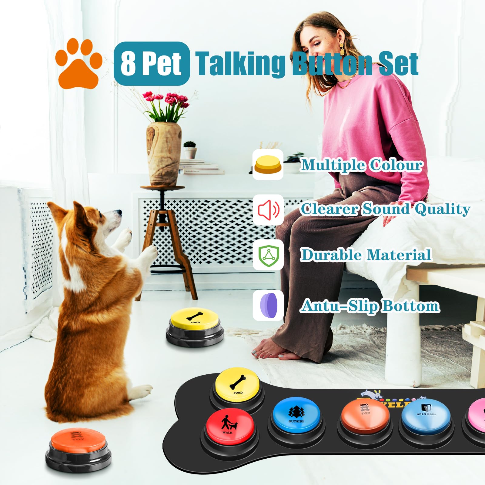 8-Piece Dog Talking Buttons for Communication - Voice Recording Pet Training Buzzers with 30 Scene Stickers & Mat | Teach Your Dog to Speak | Perfect for Home Training, Puppy Learning & Animal Behavior Therapy