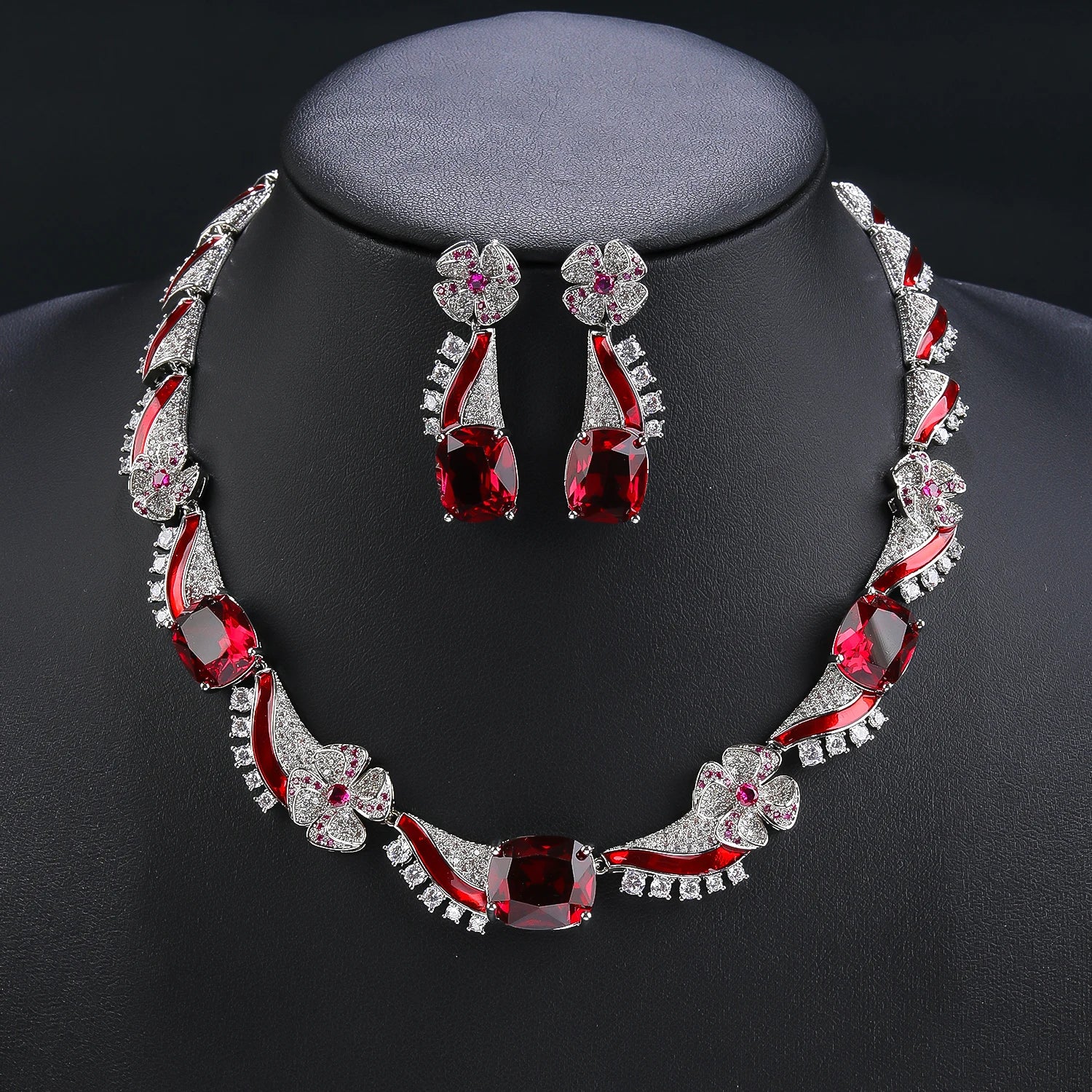 Elegant Cubic Zirconia Flower Necklace & Earrings Set - Shiny Enamel Wedding Jewelry for Women - Perfect for Bridal Party, Anniversary & Special Occasions