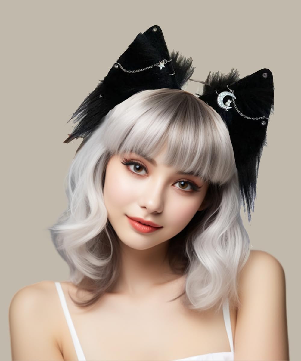 VIGVAN Gothic Punk Cat Ears Headband - Black Cross Cat Ear Hair Clips for Women | Perfect for Halloween Costumes, Cosplay, Anime Conventions & Gothic Fashion