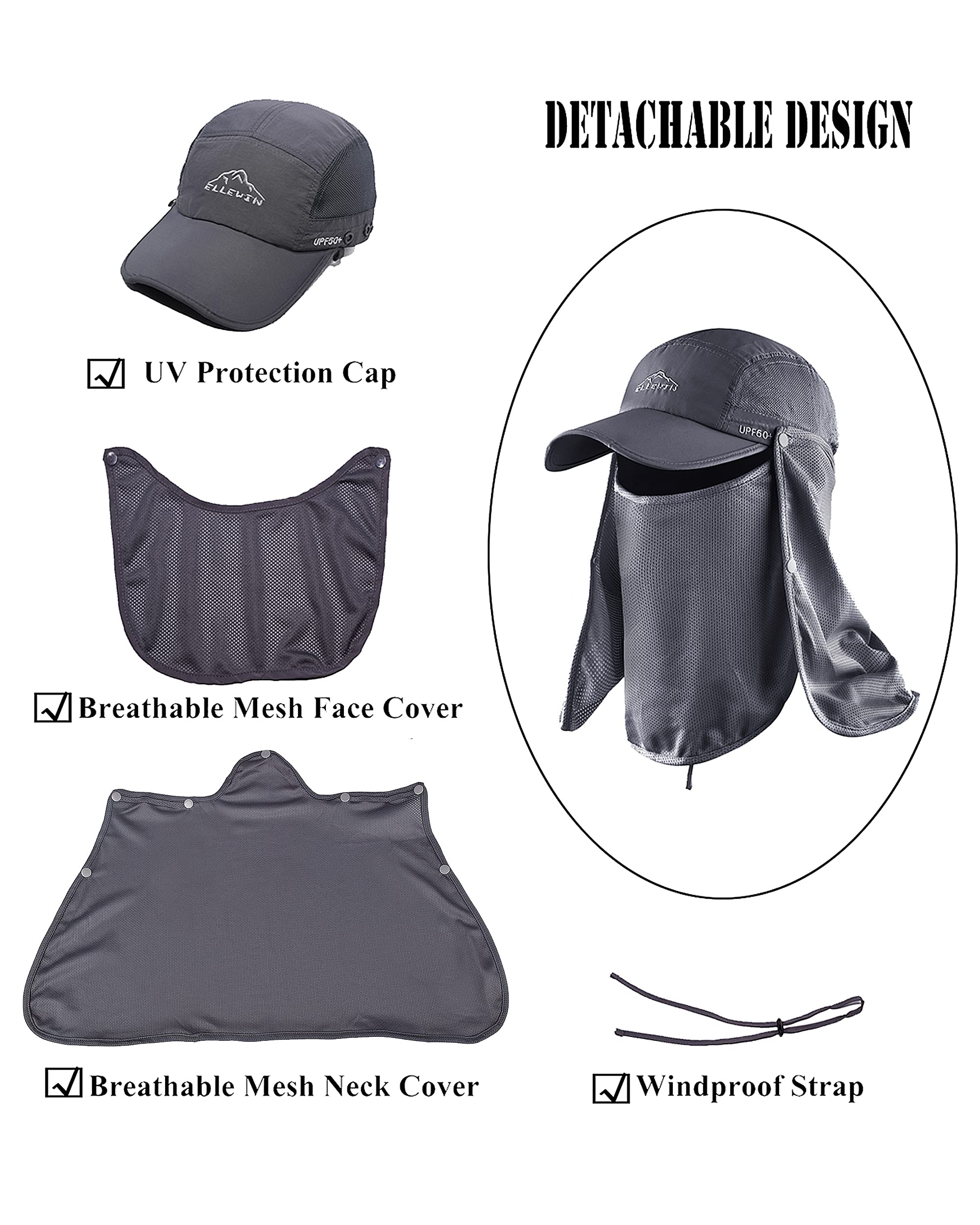ELLEWIN UPF 50+ Sun Hat for Men & Women - Wide Brim UV Protection Fishing Hat with Neck Flap & Face Cover - Perfect for Outdoor Activities, Beach, Hiking, and Travel