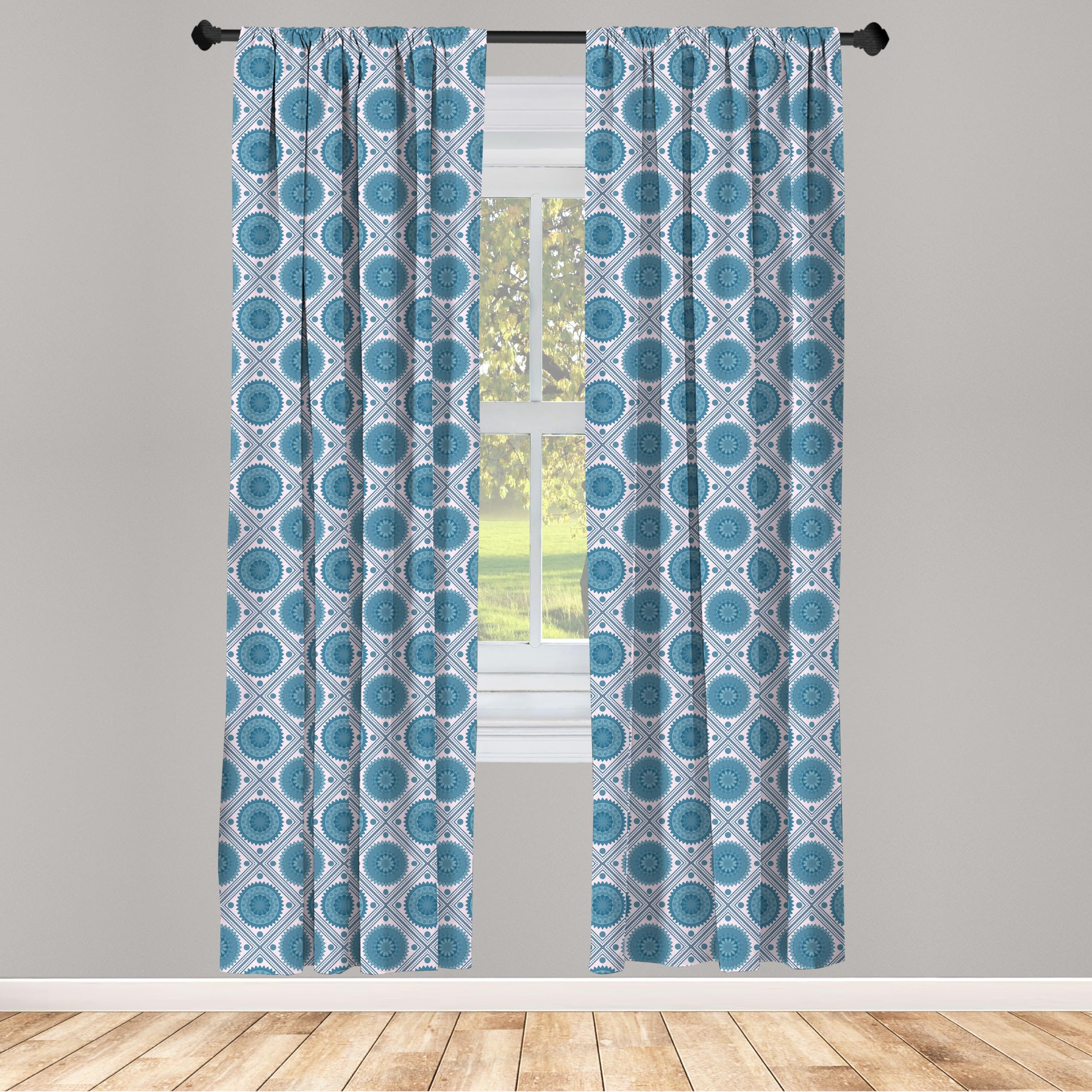Ambesonne Blue Mandala Window Curtains - Geometric Rhombus Checkered Bohemian Style with Floral Motifs & Dots - Lightweight Blackout Drapes 2-Panel Set (28