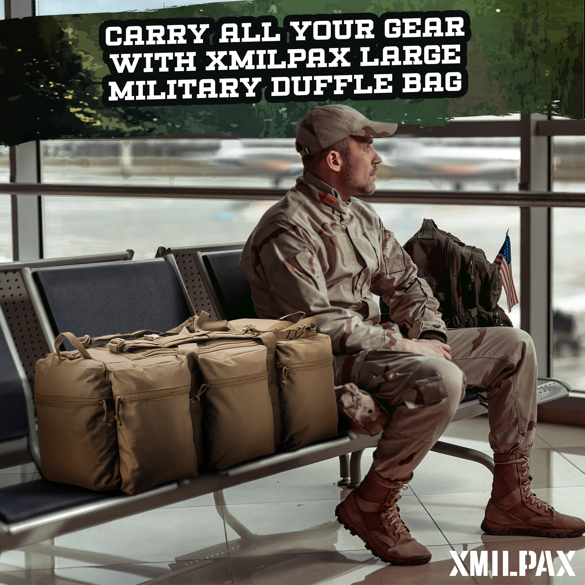 XMILPAX 100L Large Military Duffle Bag - Heavy Duty Deployment Duffel for Travel, Sports Equipment & Gym Gear - Detachable Backpack Straps - Coyote Tan - Perfect for Camping, Hiking & Military Use