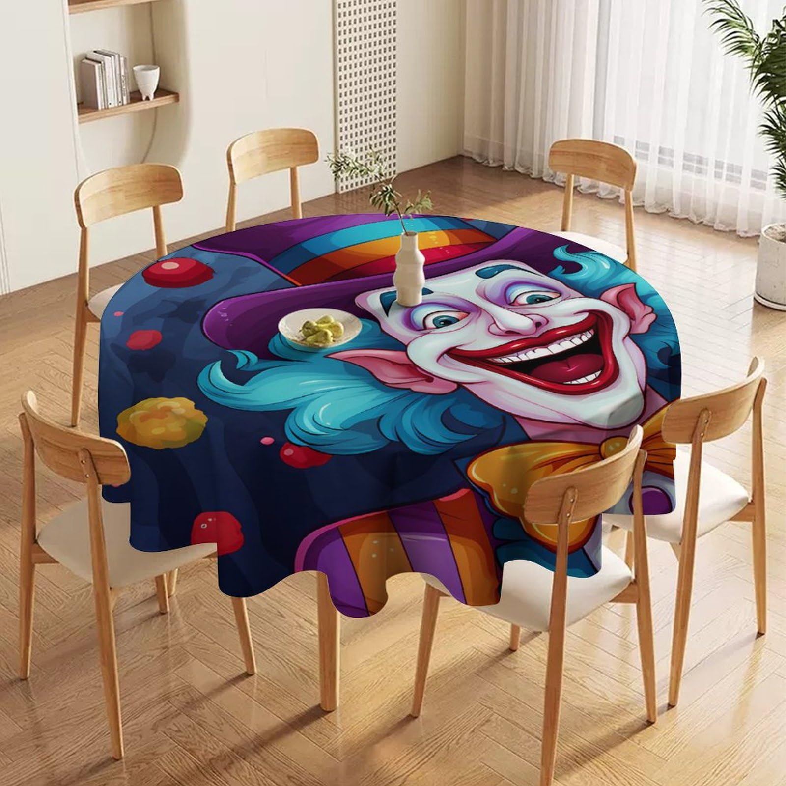 Happy Working Clown Round Tablecloth - Washable Polyester Table Cover for Restaurant, Party & Kitchen Decor - Perfect for Birthday Celebrations, Themed Events & Home Dining