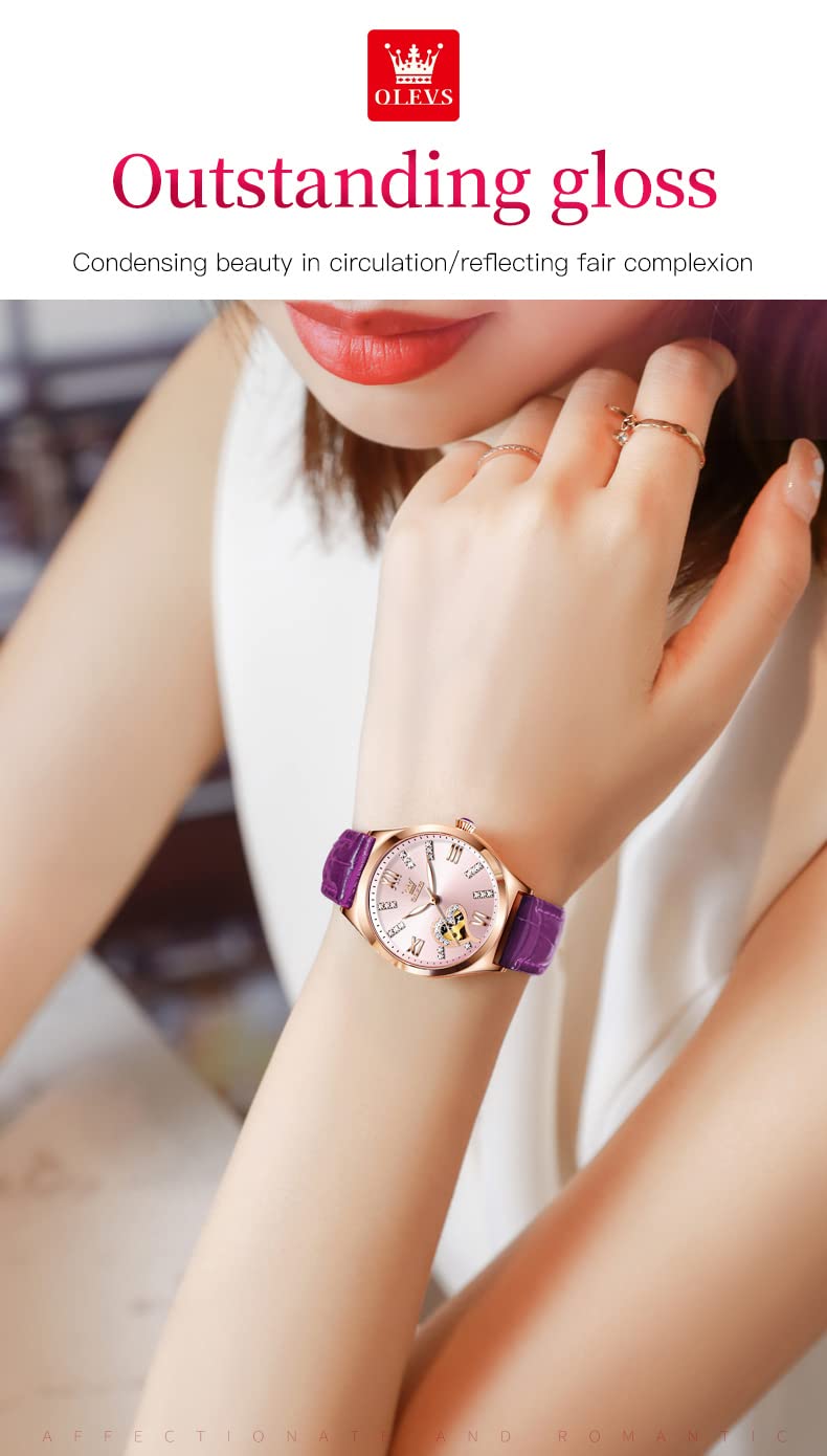OLEVS Automatic Women's Watches - Luxury Diamond Dial Ladies Watch with Genuine Leather Strap, Self-Winding Mechanical Movement, 50M Waterproof - Perfect for Business, Party & Everyday Wear