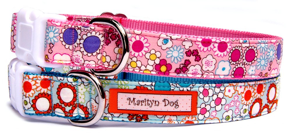Retro Pink Floral Print Cotton Dog Collar - Handmade in USA, 100% Fabric on Durable Nylon for Medium to Large Dogs | Perfect for Daily Walks, Training & Outdoor Adventures