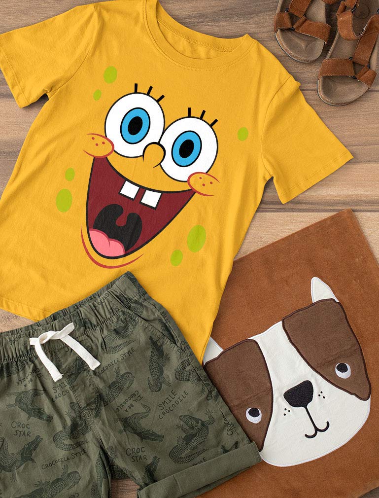 Spongebob Squarepants & Patrick Character T-Shirt for Kids - Soft Cotton Cartoon Tee - Halloween Costume, Birthday Gift, School Outfit (Small, Yellow Gold)