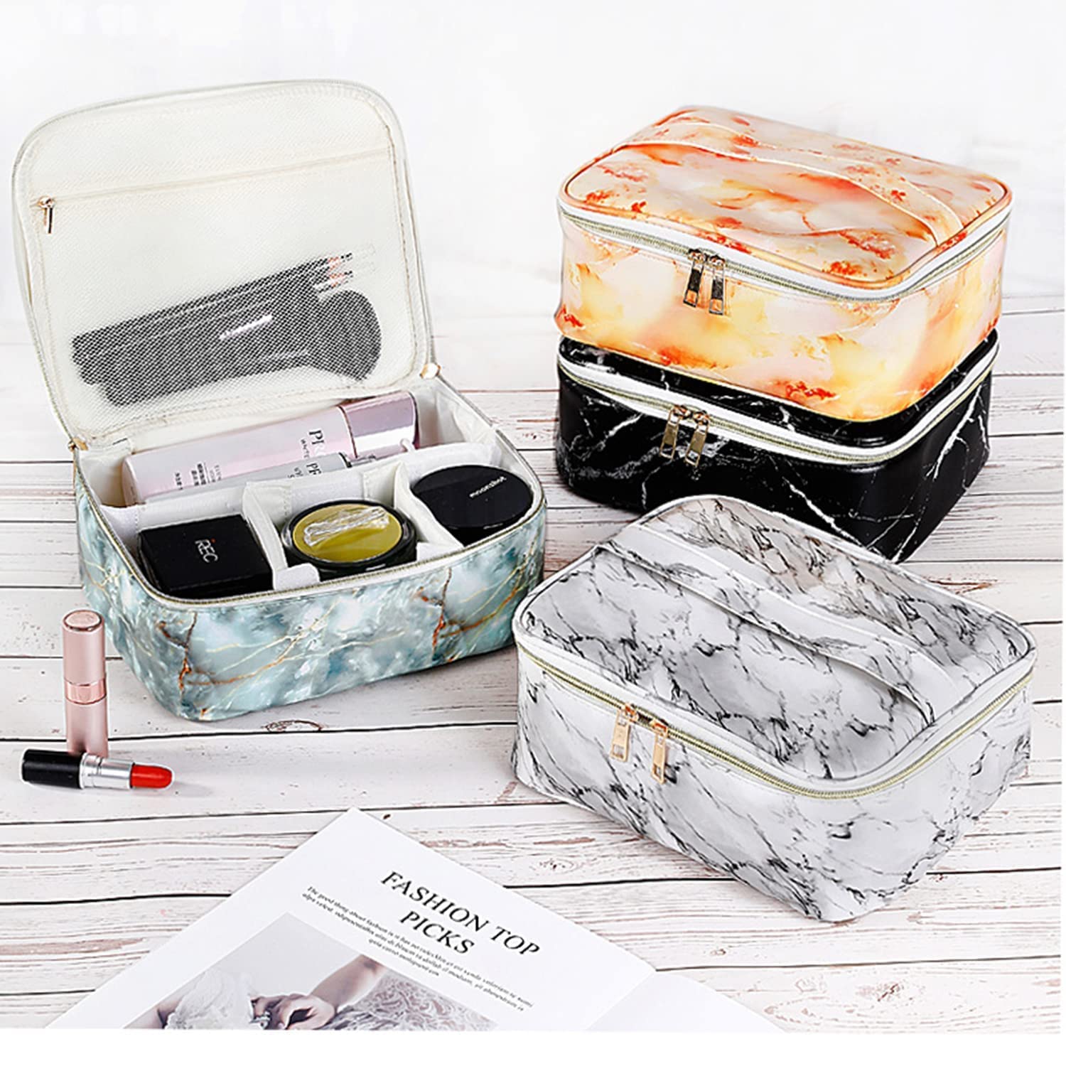 Favria Portable Travel Makeup Bag Organizer for Women - Waterproof Cosmetic & Toiletry Storage Case with Dividers, Orange Yellow Marble Design | Perfect for Travel, Gym, and Daily Beauty Essentials