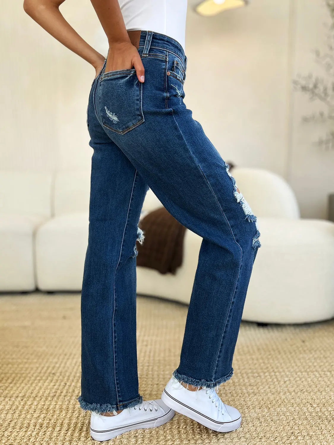 Judy Blue Women's Mid Rise Distressed Raw Hem Jeans - Comfortable Stretch Denim for Casual Wear & Everyday Outfits