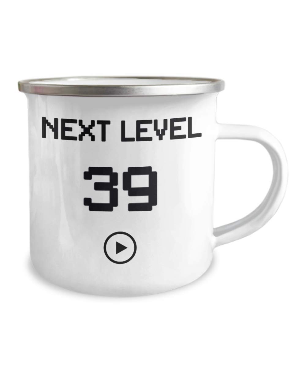 ZapBest 39th Birthday Coffee Mug - Next Level 39 Stainless Steel Gamer Mug (12oz) with White Enamel Finish - Perfect for Camping, Gaming & Birthday Celebrations