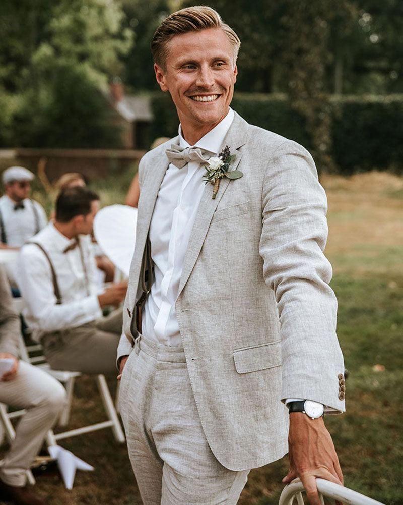Men's Slim Fit Linen Suit 2-Piece Set - Pale Gray & Beige | Summer Business & Wedding Suit | Tailored Casual Suit for Groom & Office | 2023 Fashion | CB2359 | Perfect for Weddings, Business Meetings & Summer Events