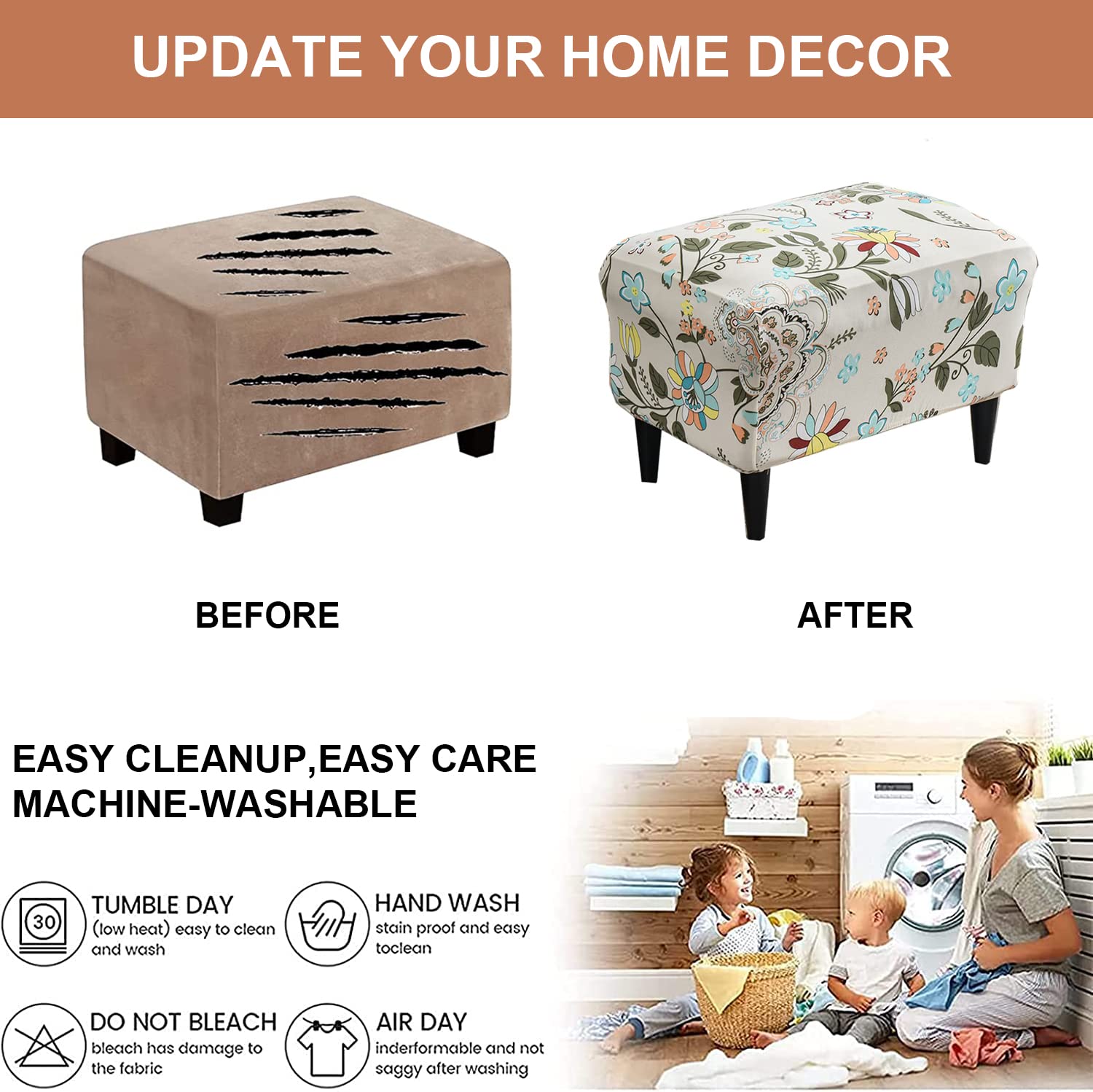 Stretch Ottoman Slipcover - Elastic Rectangular Storage Ottoman Cover with Non-Slip Bottom | Perfect for Living Room, Bedroom & Nursery Furniture Protection