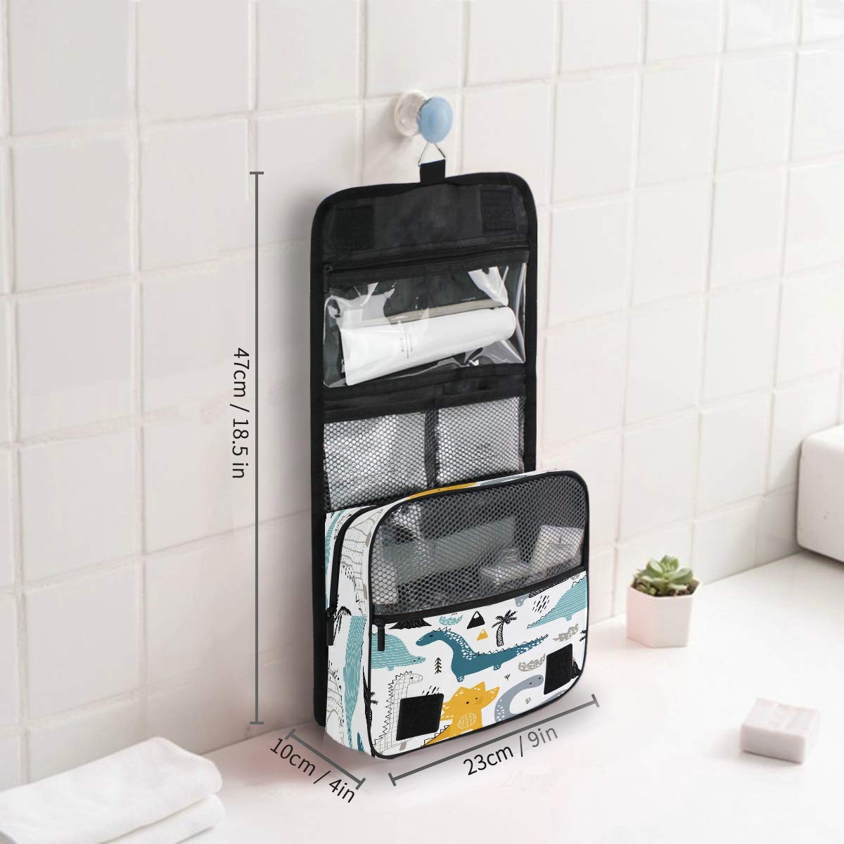 Waterproof Hanging Toiletry Bag for Travel - Palm Tree Dinosaur Design Cosmetic Organizer Pouch for Women, Girls & Kids | Perfect for Showers, Beach Trips & Vacation Gifts