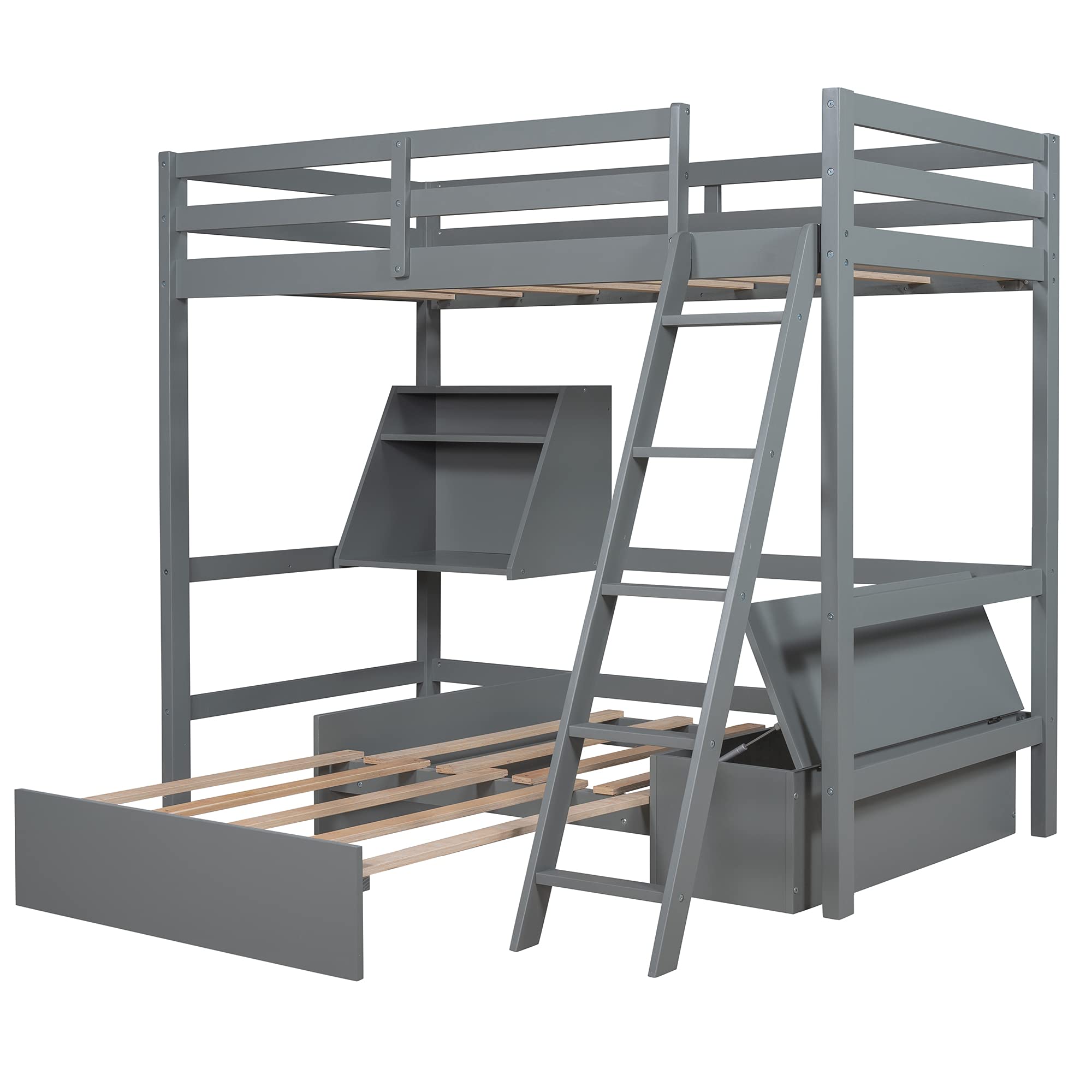 Twin Size Loft Bed with Convertible Lower Bed - Wooden L-Shaped Bunk Bed Frame with Storage Drawer & Shelf - Separates into Loft Bed or Platform Bed (Grey & Wood Finish) - Perfect for Kids' Rooms, Small Apartments & Space-Saving Bedroom Solutions