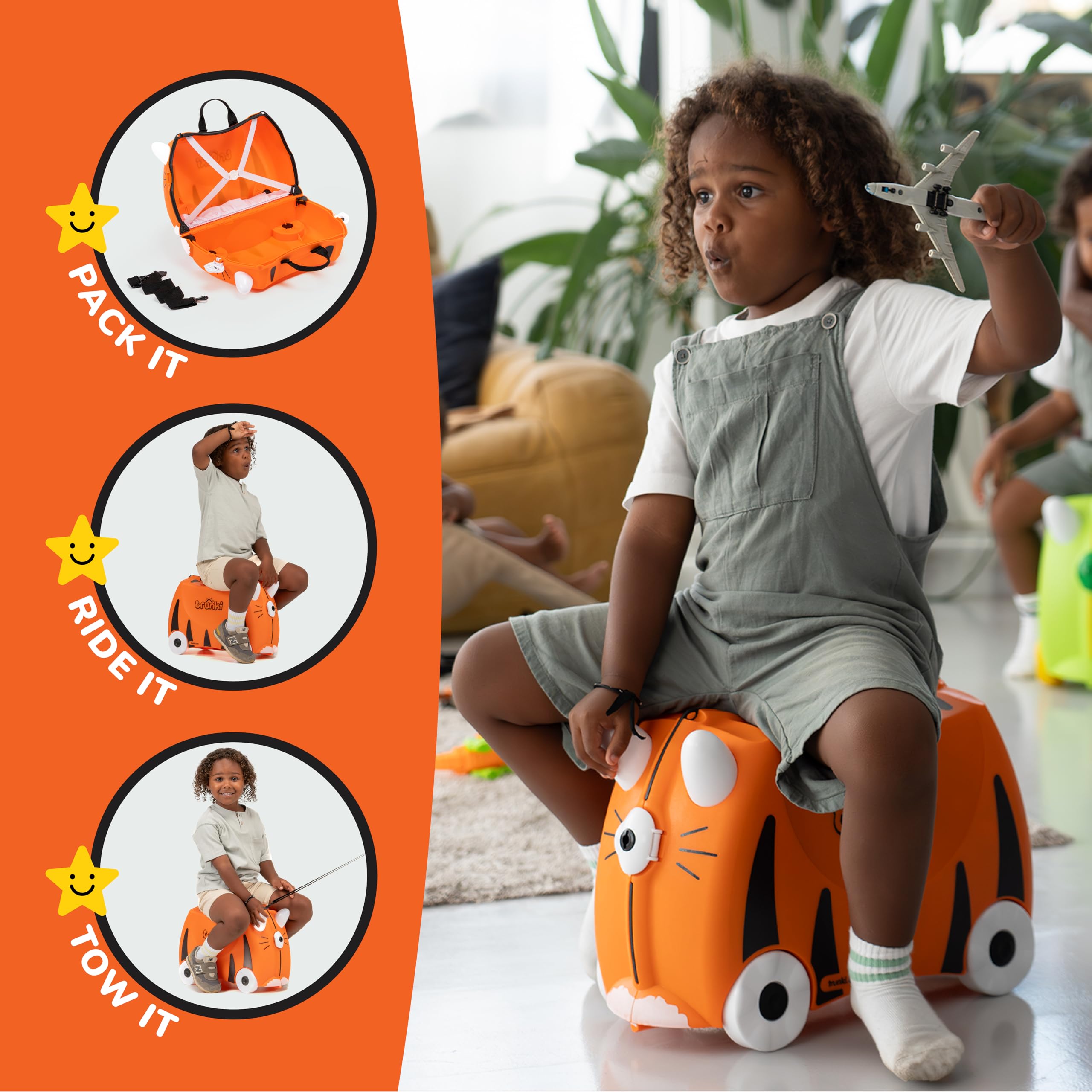Trunki Ride-On Kids Suitcase - Toddler Luggage with Wheels, Carry-On Travel Bag for Airplane, Durable & Fun Tipu Tiger Orange Design - Perfect for Family Trips, Airport Adventures & Toddler Travel Essentials