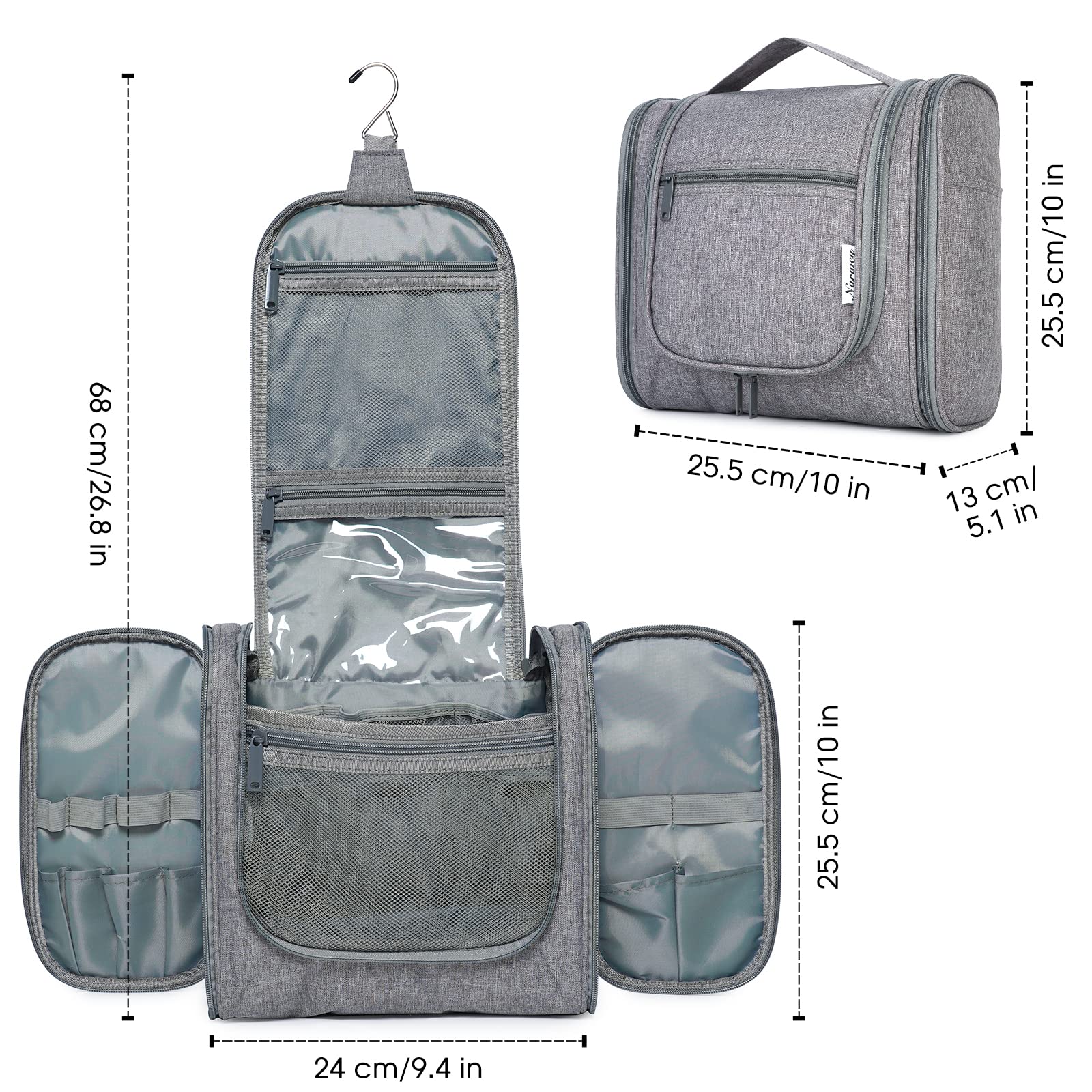 **Large Grey Hanging Toiletry Bag for Women & Men – Travel Makeup Organizer with Multiple Pockets for Cosmetics, Toiletries & Essentials – Perfect for Air Travel, Camping & Gym**