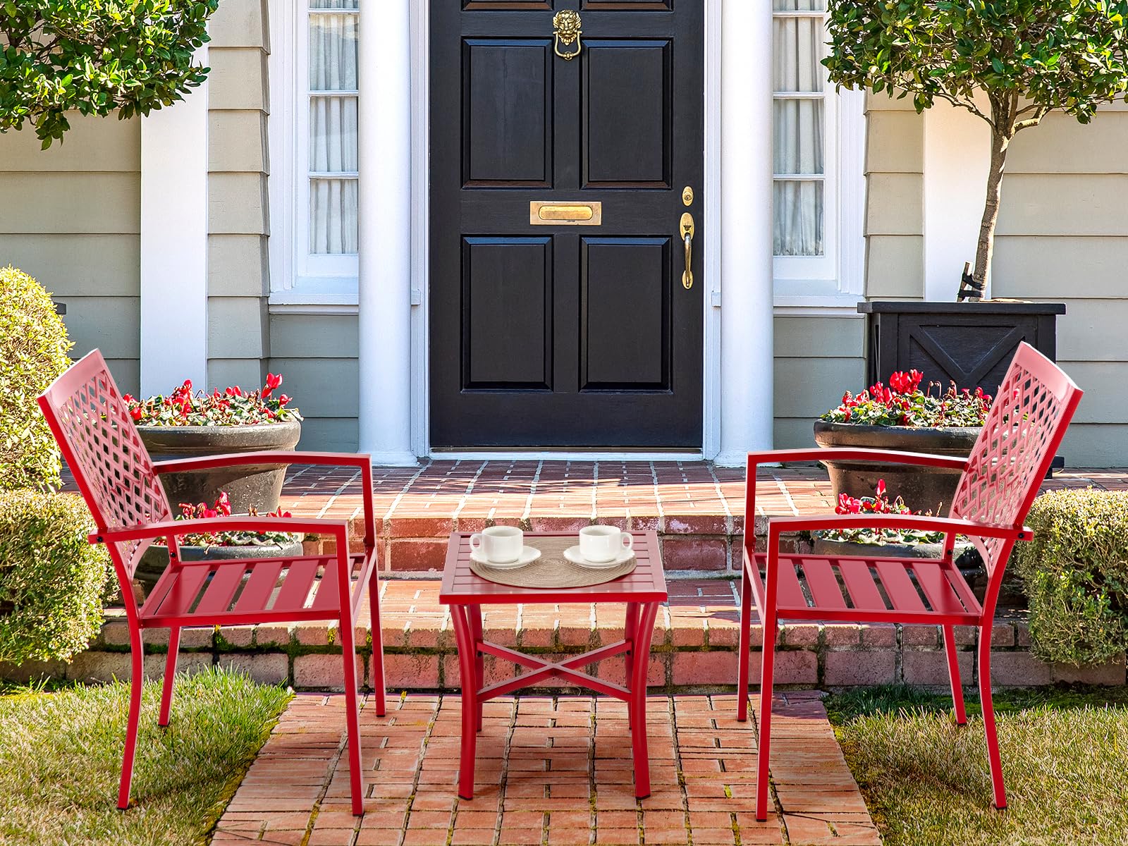3-Piece Outdoor Patio Dining Set - Durable Cast Iron Table & 2 Stackable Chairs, Square Slatted Design for Balcony, Porch, Garden, Backyard - Perfect for Al Fresco Dining, BBQs & Outdoor Entertaining (Red)