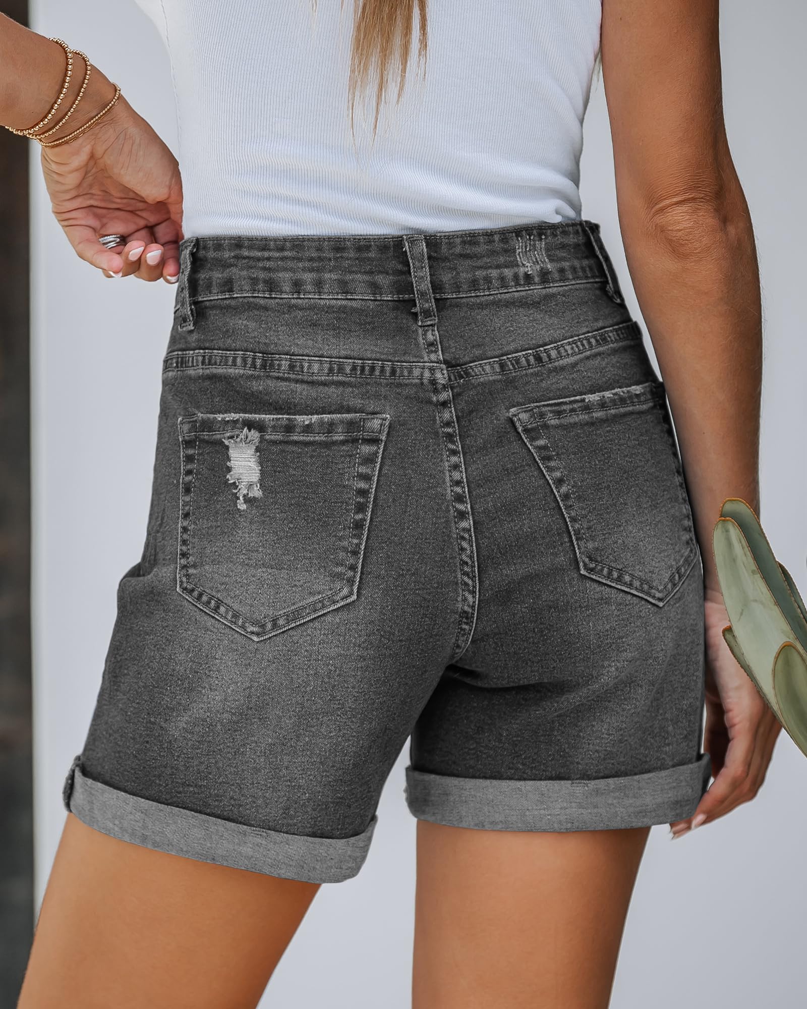LookbookStore Women's Stretchy High Waisted Ripped Denim Shorts with Pockets - Trendy Distressed Cut Off Jean Shorts for Summer Outfits & Casual Wear