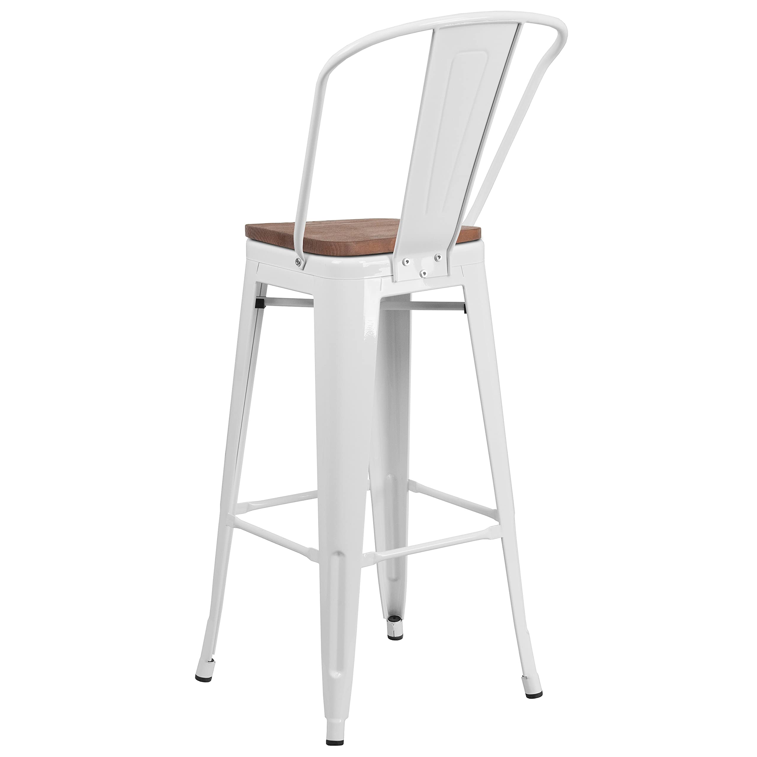 EMMA + OLIVER 30 Inch White Metal Bar Stool with Backrest and Wooden Seat - Perfect for Kitchen Islands, Breakfast Bars, and Home Decor