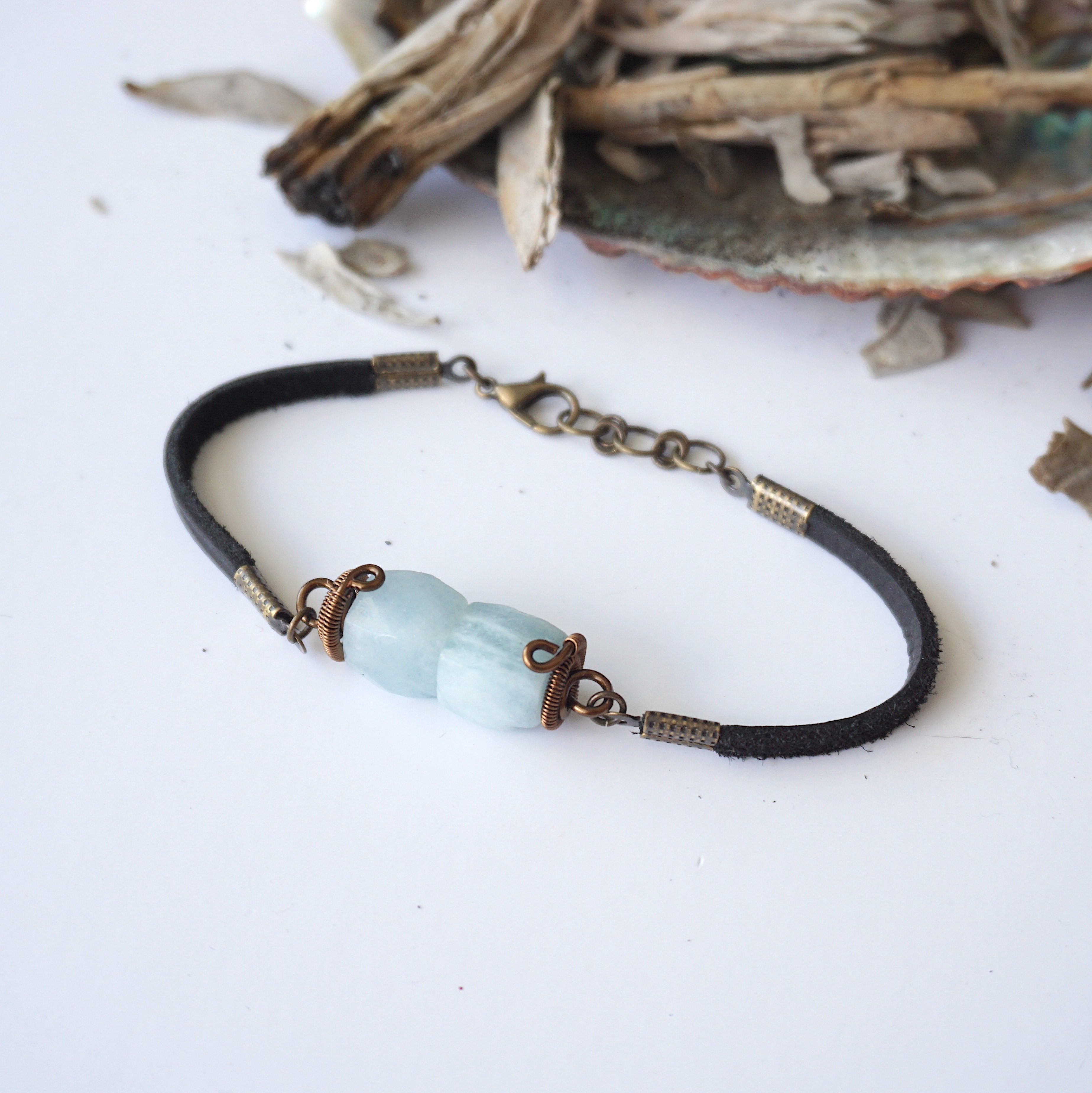 Elegant Aquamarine Bracelet with Black Leather Cord - Perfect for Casual Wear, Gifts & Boho Style Jewelry